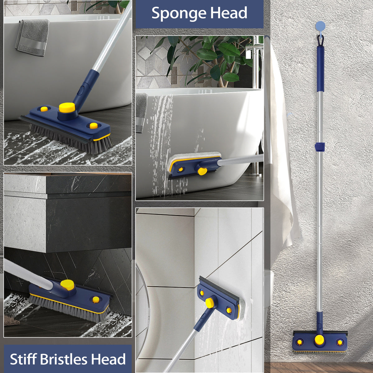 JEHONN 3-in-1 Bathroom Tub Tile Scrubber Mop with 53.5 inches Long Handle Scrubbing Brush (Blue)