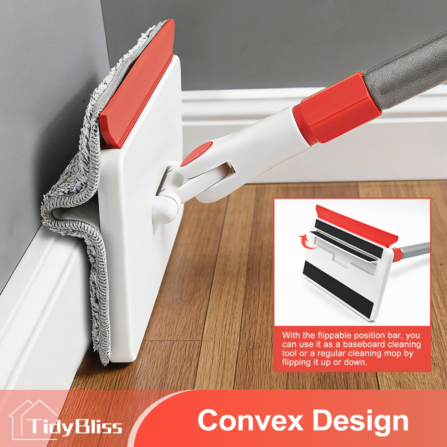 TidyBliss Baseboard Cleaner Tool, Wall Mop with 55.9" Long Handle (Red)