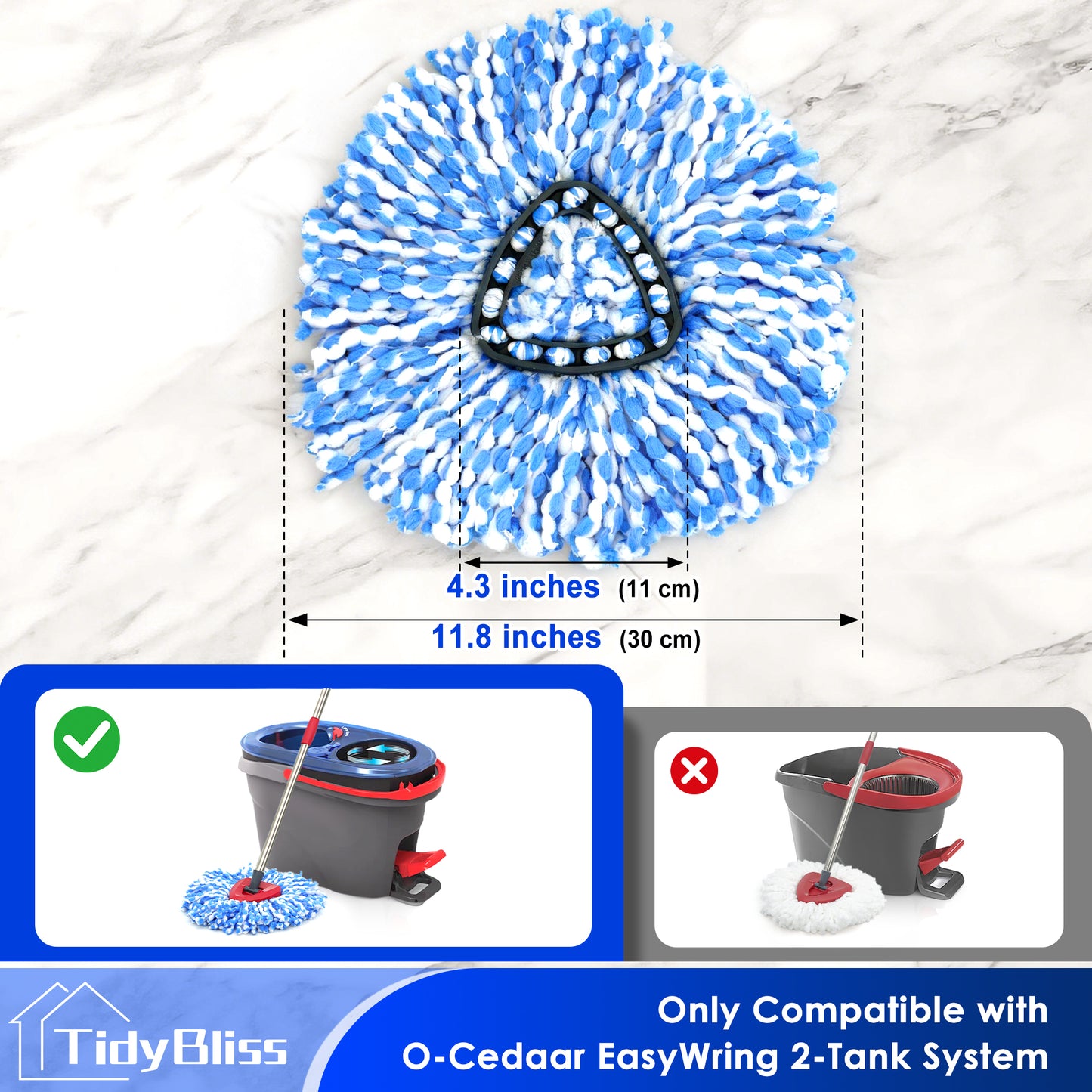 TidyBliss Mop Heads Replacements 2 Pack with Triangle Base for O-Cedaar RinseClean 2 Tank System