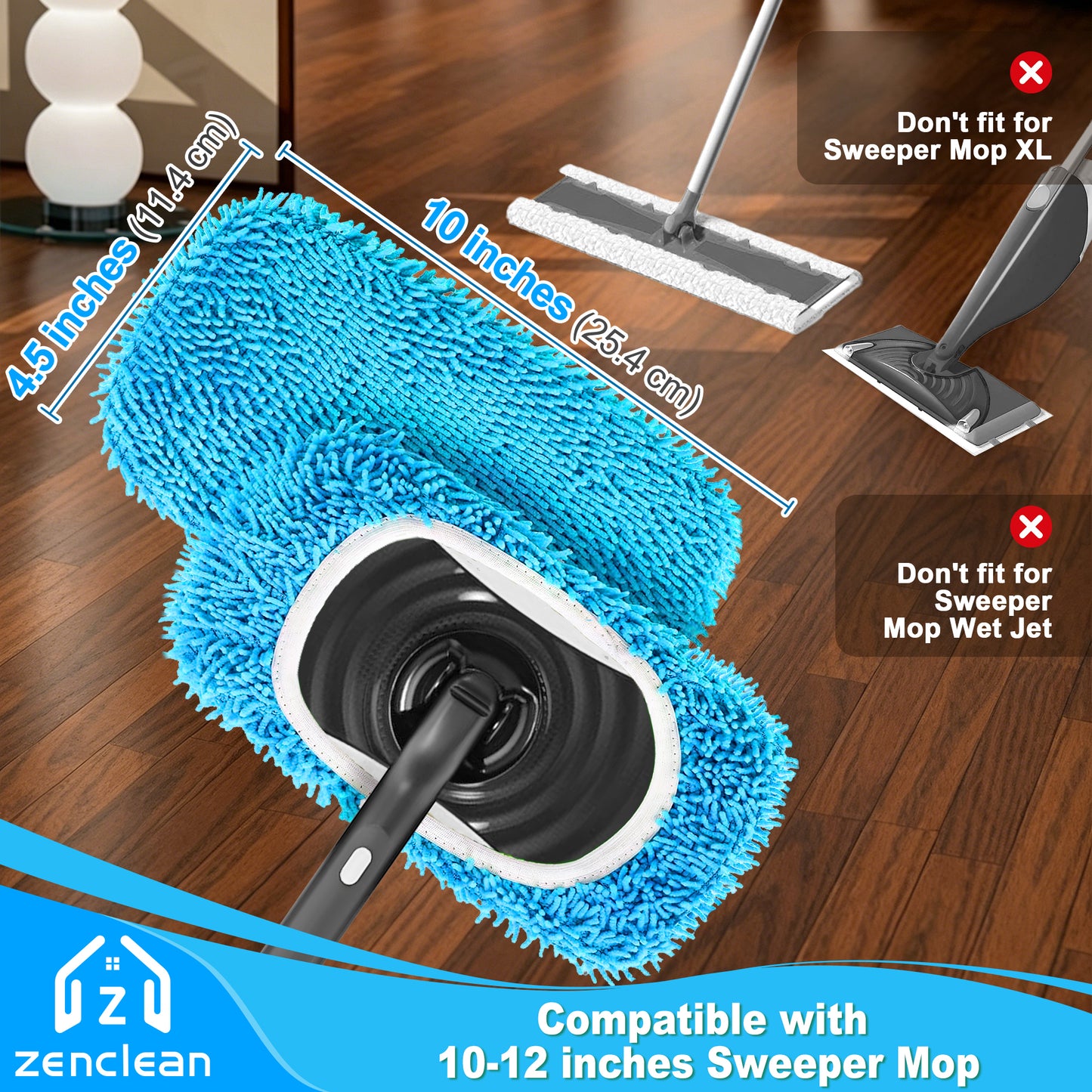 ZenClean Reusable Microfiber Mop Pads 4 Pack Compatible with SwifferSweeper Mop for Wet & Dry Floor Cleaning (Blue)