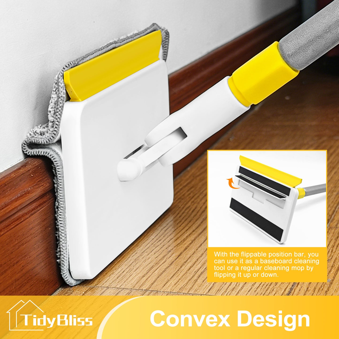 TidyBliss Baseboard Cleaner Tool, Wall Mop with 55.9" Long Handle (Yellow)