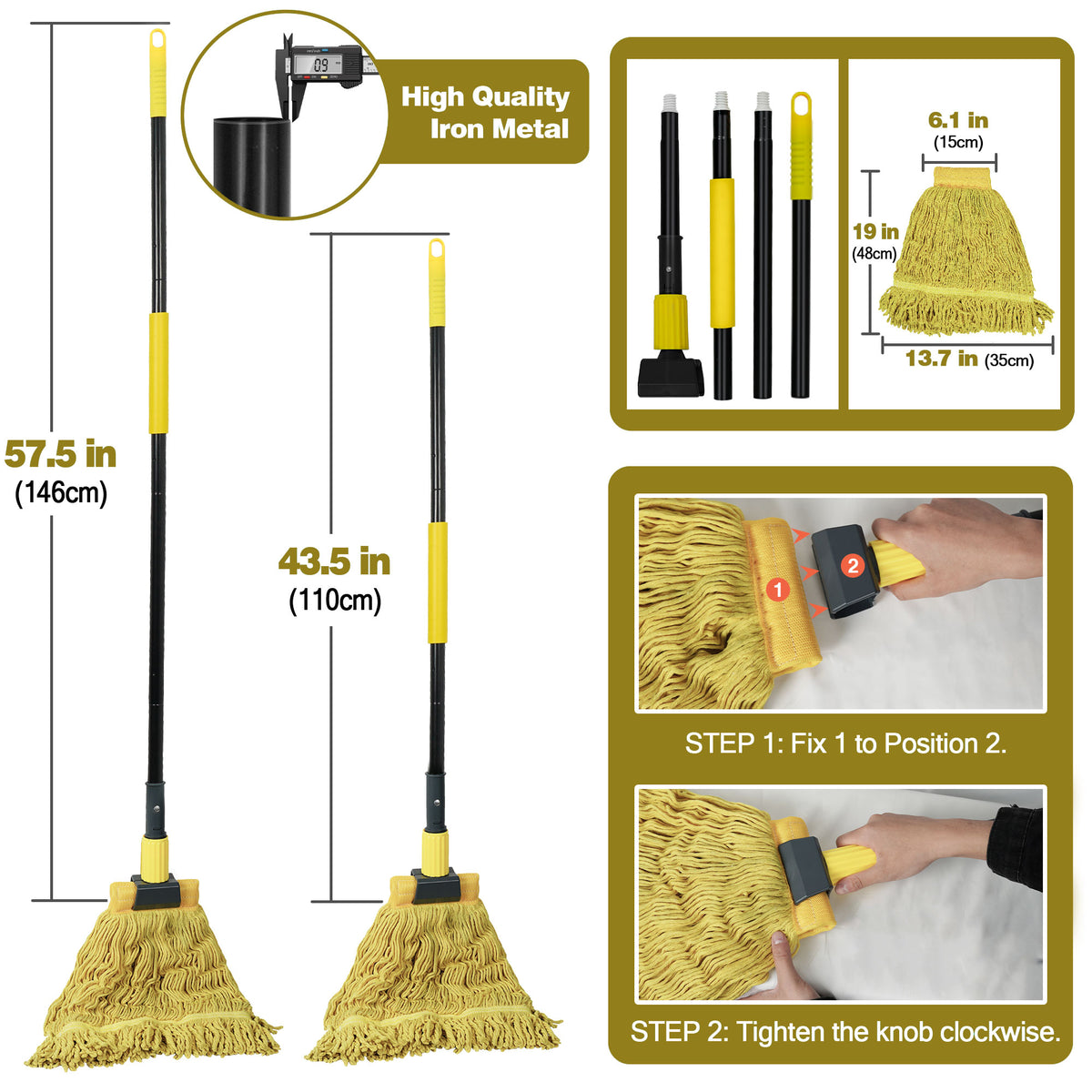 JEHONN Commercial Mop Heavy Duty Industrial String Mops with Long Handle(Yellow)