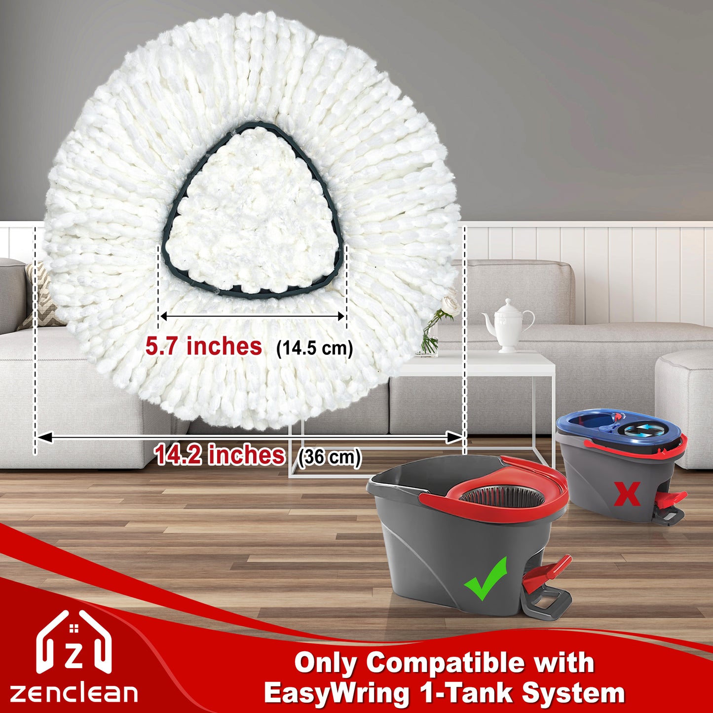 ZenClean Spin Mop Replacement Head 4 PCS Compatible with EasyWring 1 Tank System