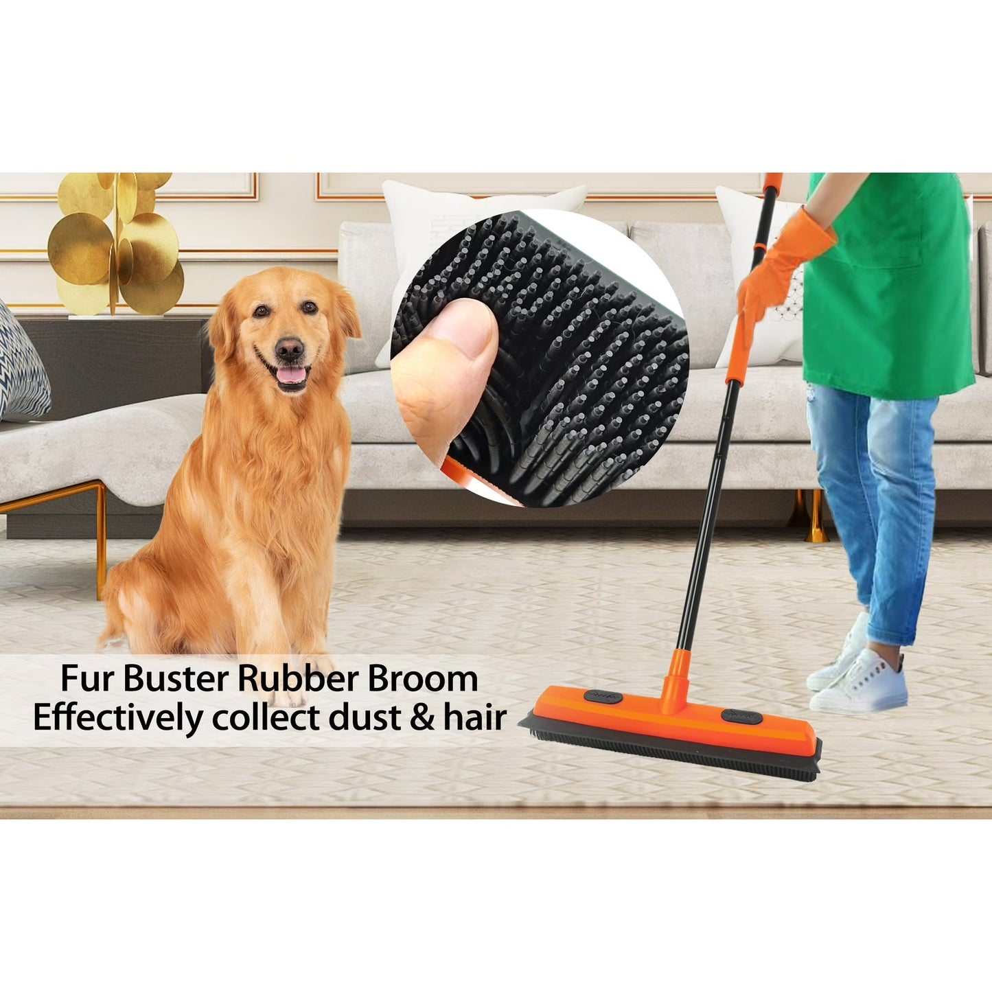 JEHONN Rubber Broom with Squeegee for Pet Hair Removery (Orange)