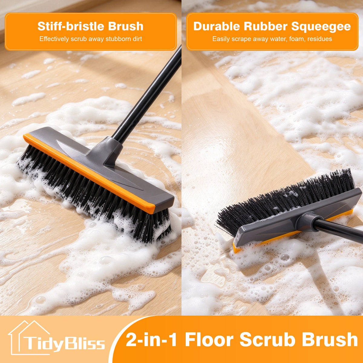 TidyBliss Floor Scrub Brush with 56” Long Handle & Crevice Brush (Orange)
