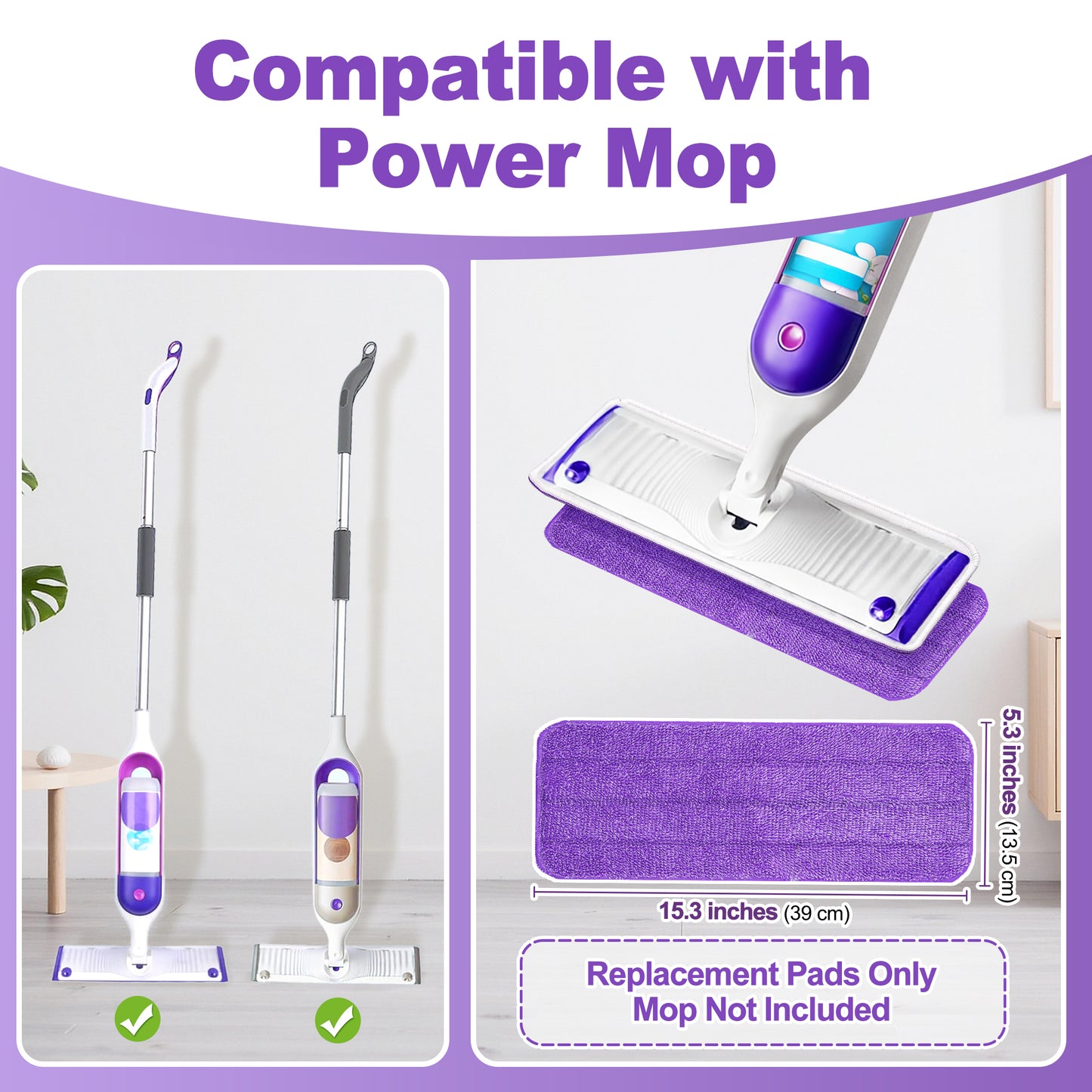 JEHONN 4 Pack Reusable Microfiber Mop Pads for PowerMop (Purple)