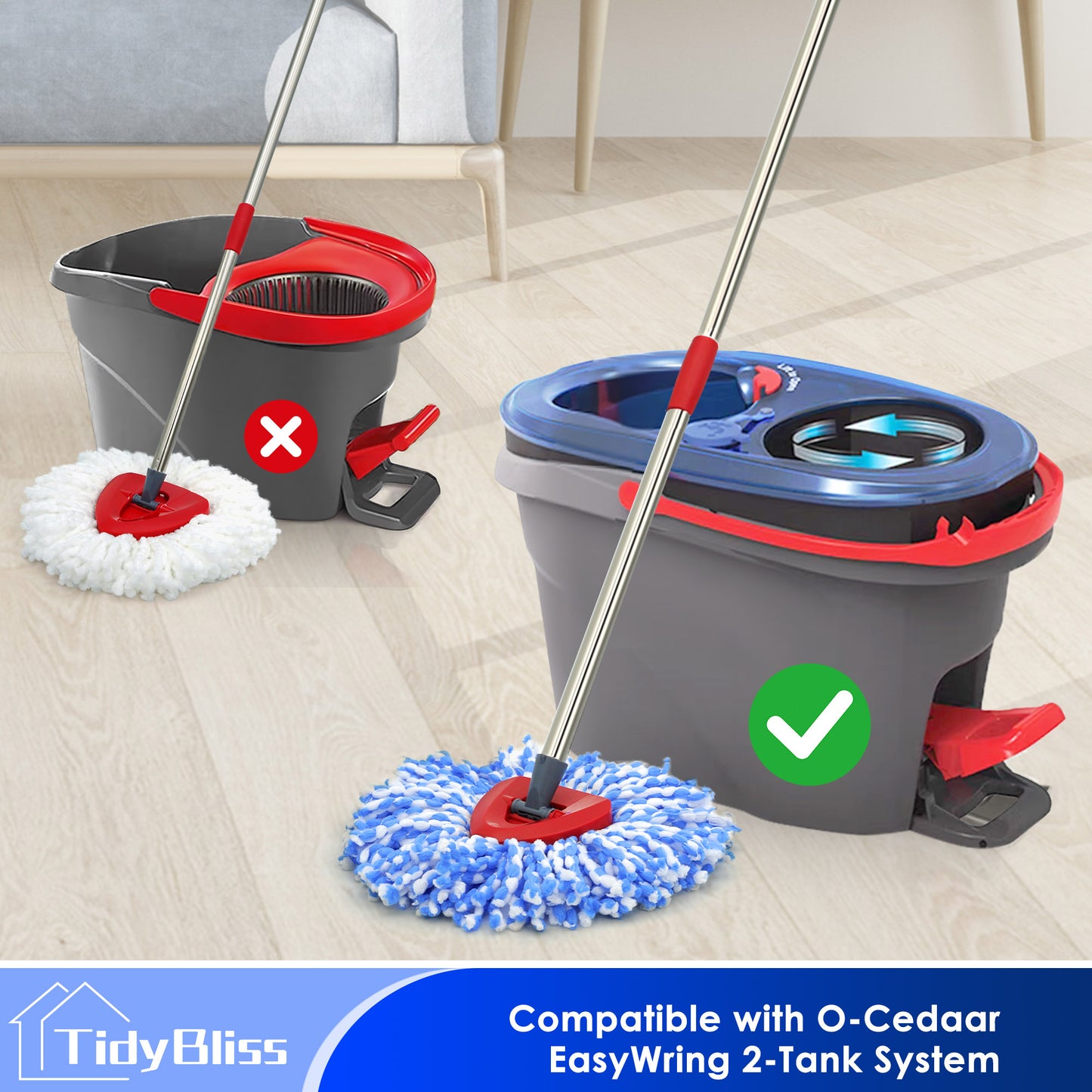TidyBliss Spin Mop Replacement Heads 2 Pack with Triangle Base and 58 inches Long Handle for O-Cedaar RinseClean 2 Tank System