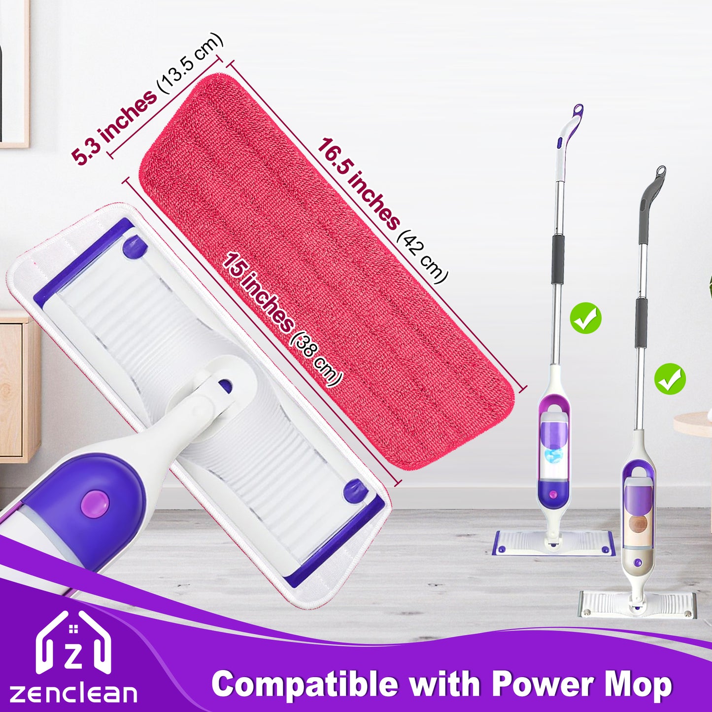 ZenClean Reusable Microfiber Mop Pads 7 Pack Compatible with SwifferPower Mop for Wet & Dry Floor Cleaning (7 Colors)