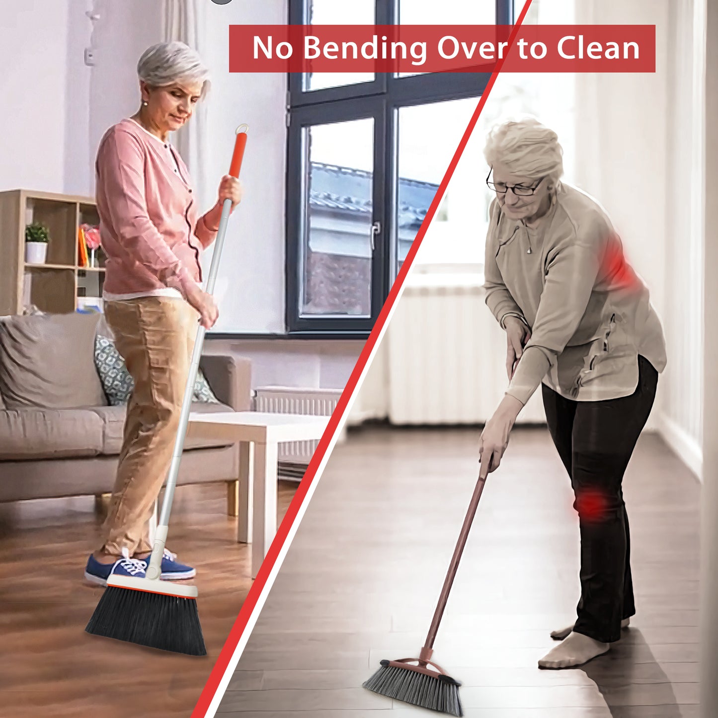JEHONN Broom and Plastic Dust Pans Set for Home with 54 inches Long Handle (Grey&Red)