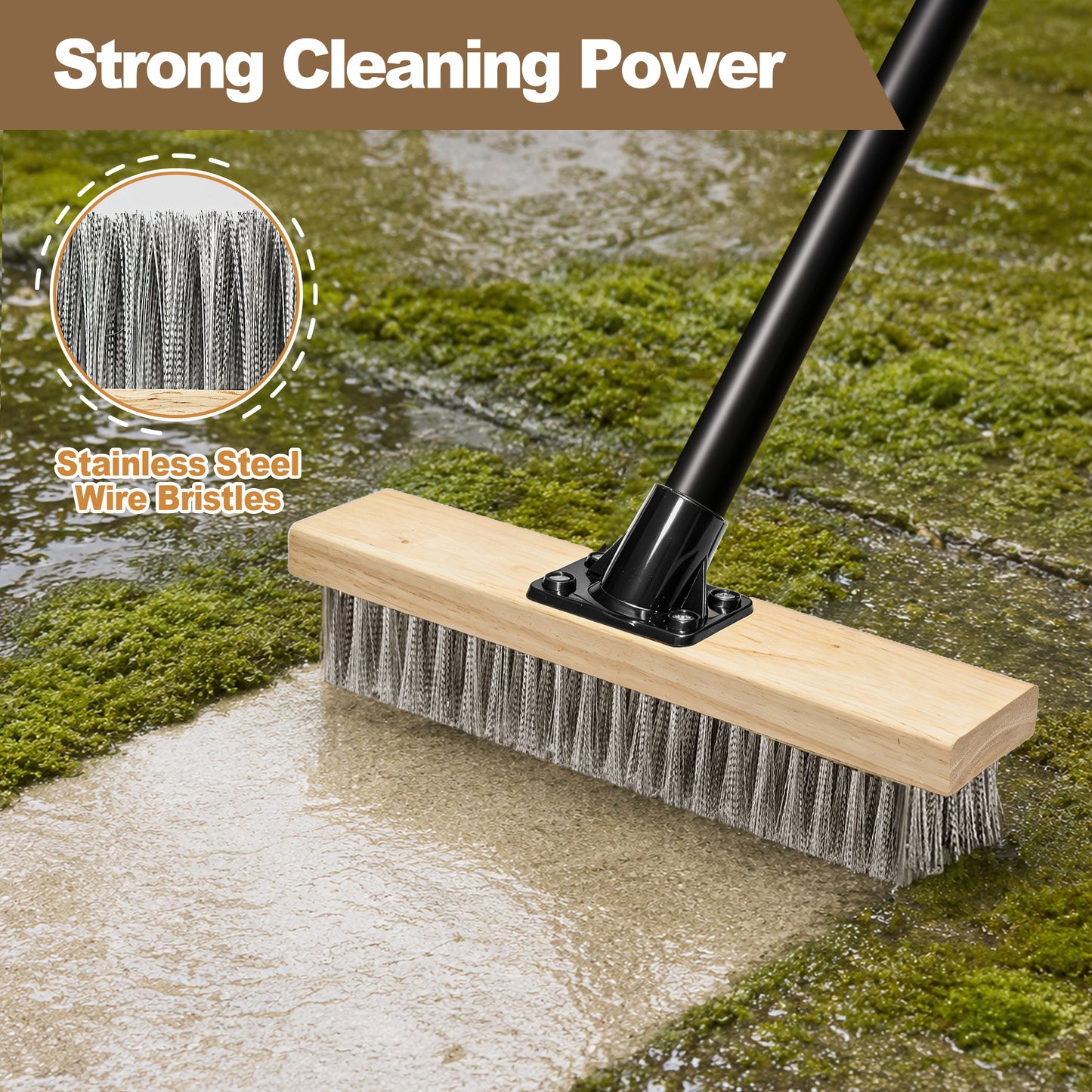 JEHONN Stainless Steel Wire Scrub Brush with 58" Long Handle for Concrete