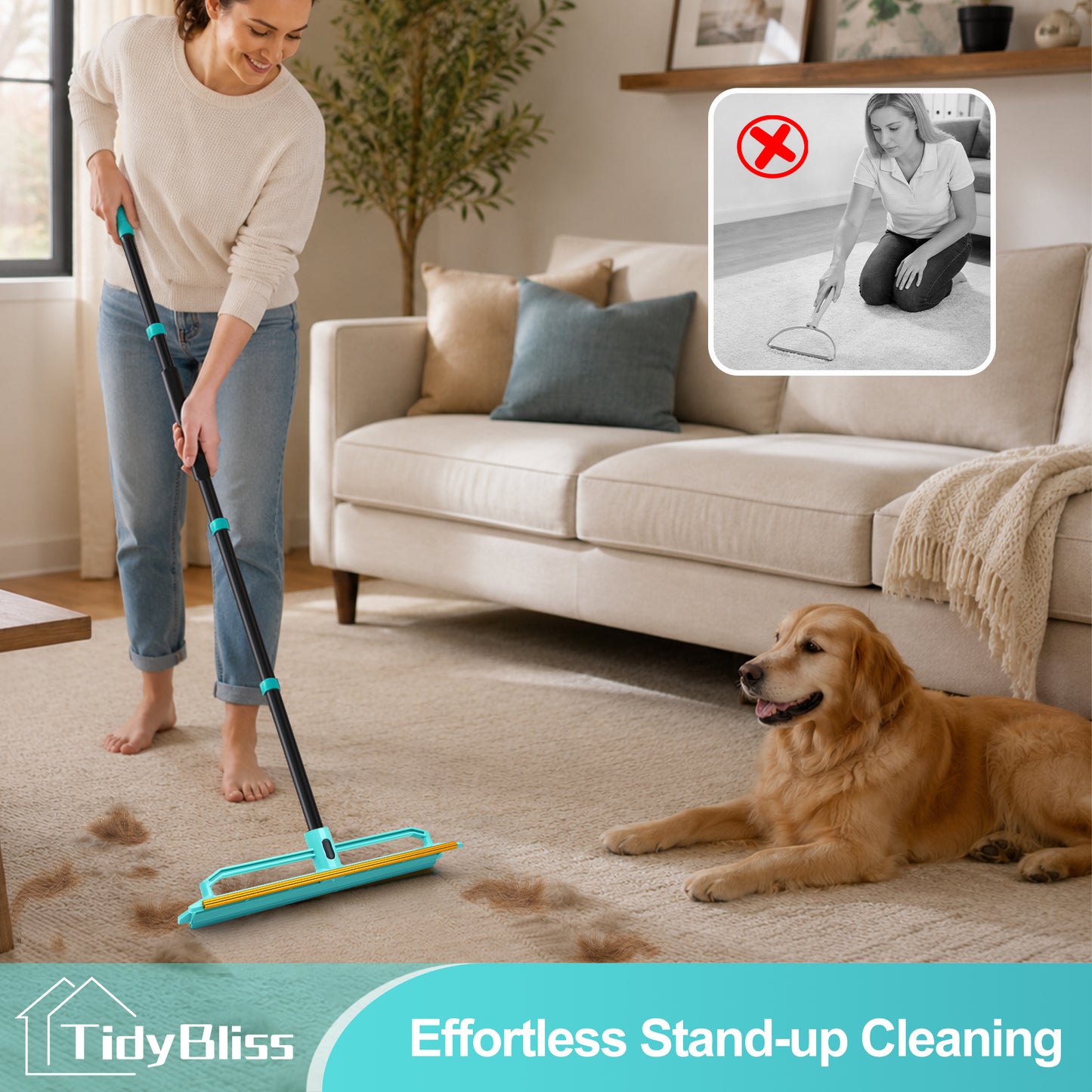 TidyBliss Carpet Rake for Pet Hair Removal Tool (Blue)