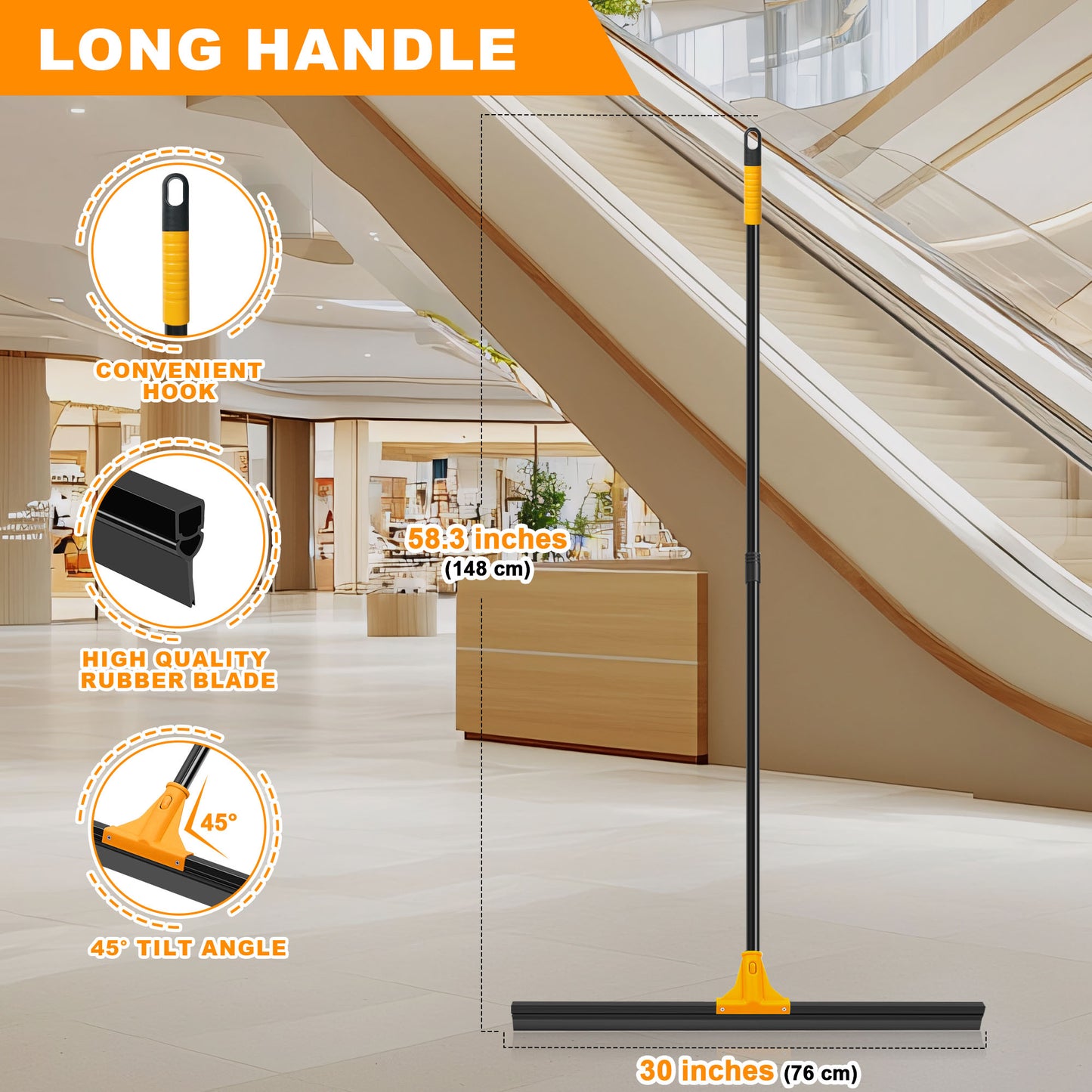 JEHONN 30" Large Floor Squeegee Heavy Duty with Long Handle (Orange)