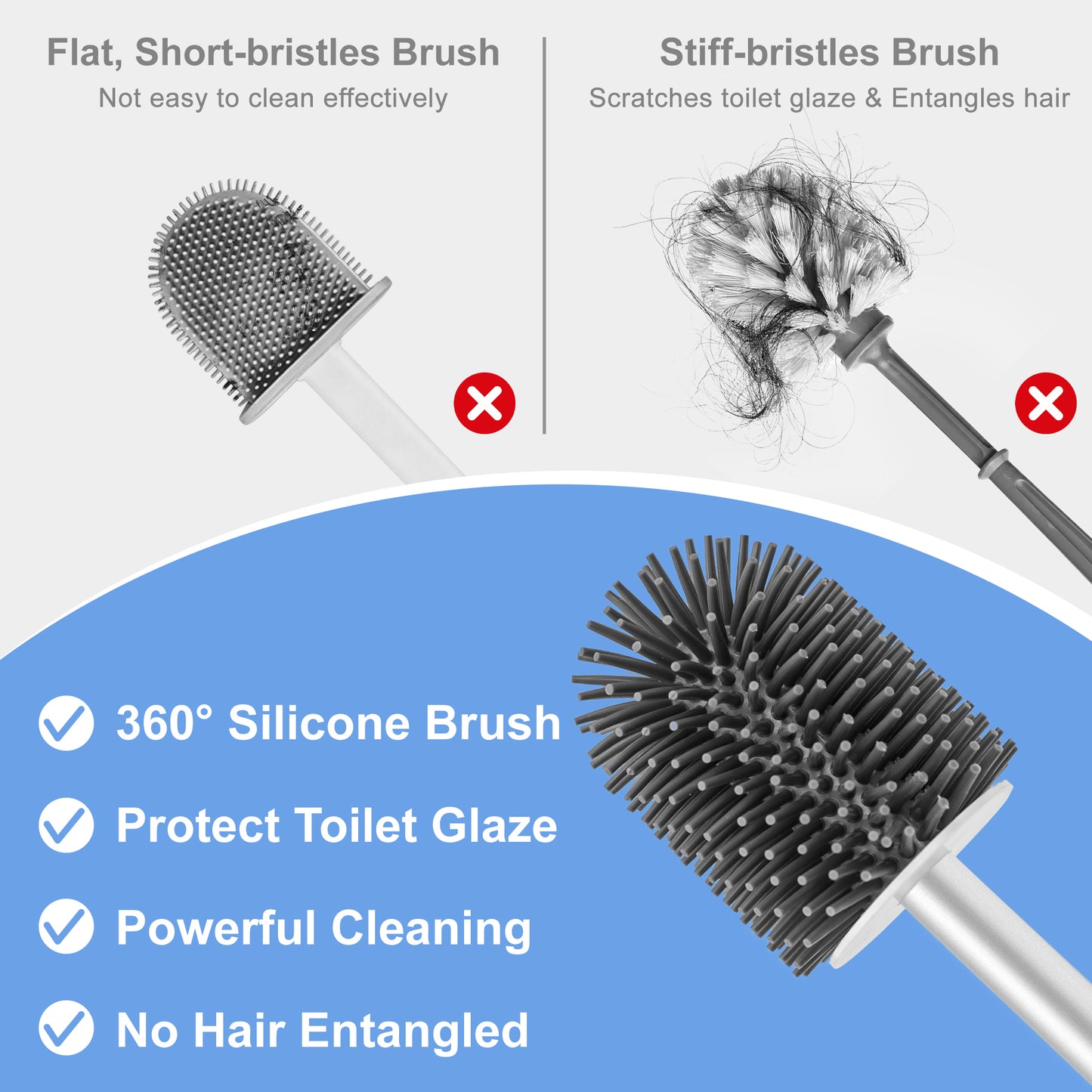 NEWE Silicone Toilet Brush with Holder Set, Aluminum Handle, Built-in Tweezers (White)