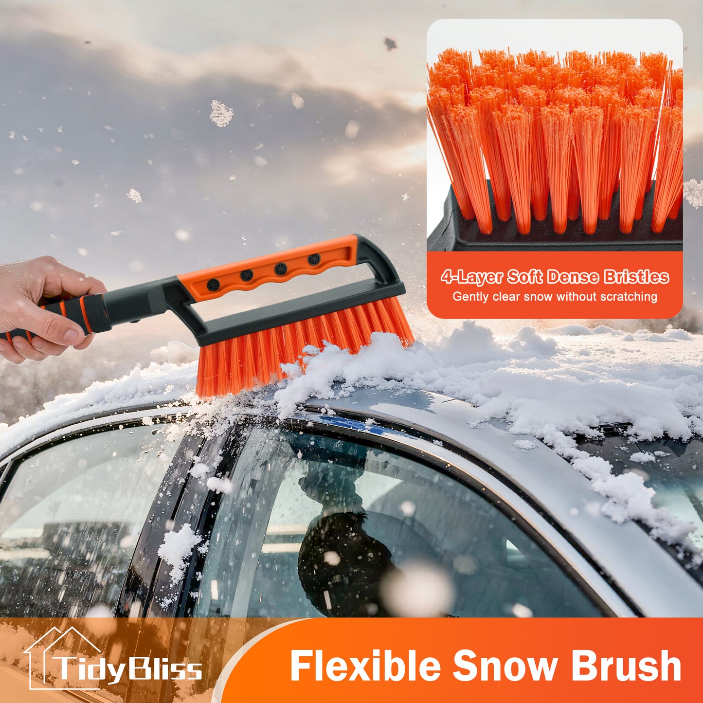 TidyBliss Ice Scraper and Snow Brush for Car Windshield (Orange)