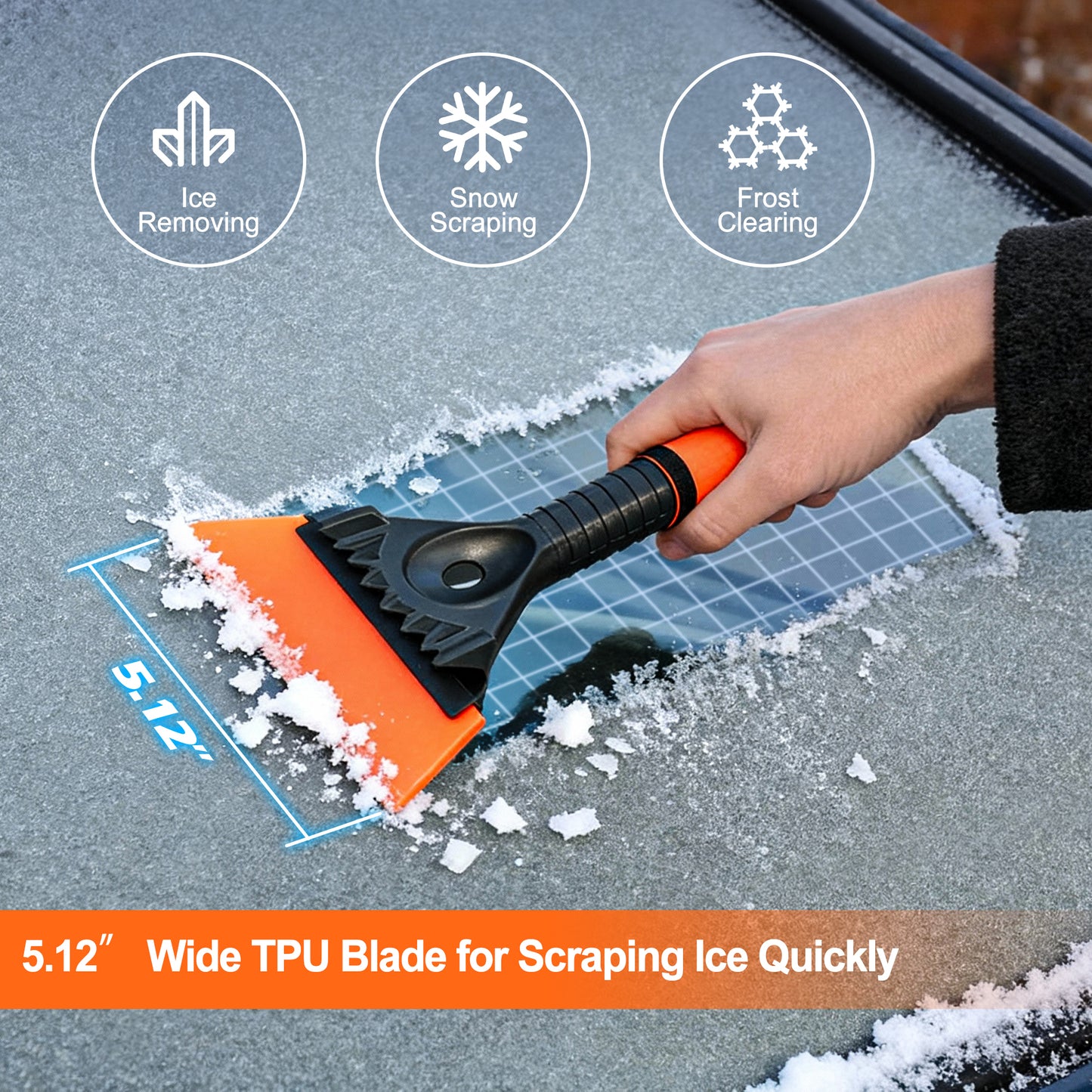 JEHONN Ice Scraper for Car Windshield - Reinforced TPU Blade (Orange)