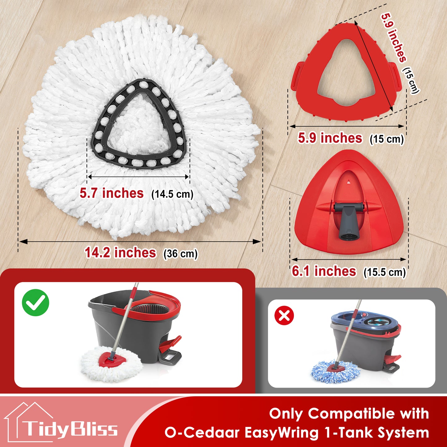 TidyBliss Mop Heads Replacements 2 Pack with Scrub Brush Attachment and Triangle Base for O-Cedaar EasyWring 1 Tank System
