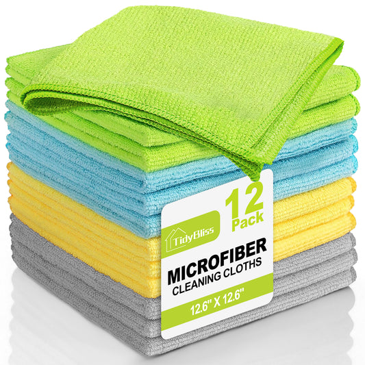 TidyBliss Microfiber Cleaning Cloth 12 Pack (Green/Blue/Yellow/Grey)
