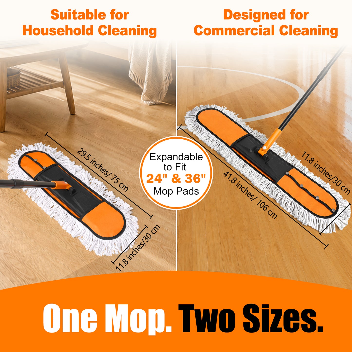 JEHONN 2-in-1 Commercial Dust Mop with 24" & 36" Microfiber Pads (Orange)