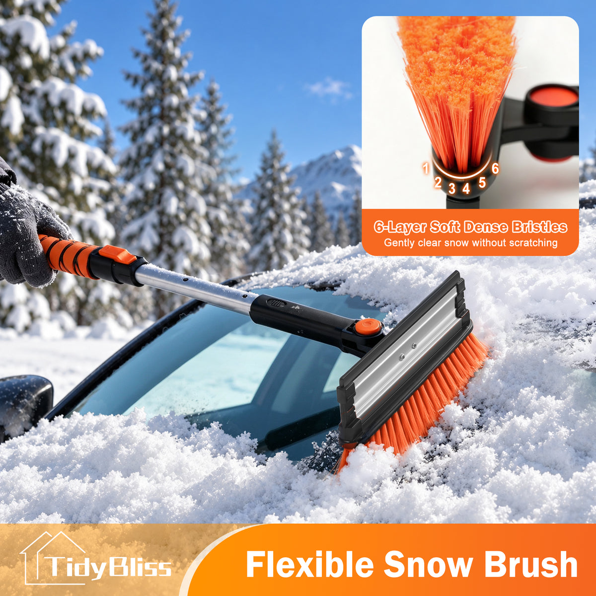 TidyBliss 37” Snow Brush with Ice Scraper & Squeegee for Car Windshield Glass