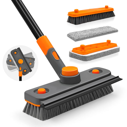 JEHONN 4 in 1 Tub Tile Scrub Brush with Squeegee 58'' Long Handle (Grey Orange)