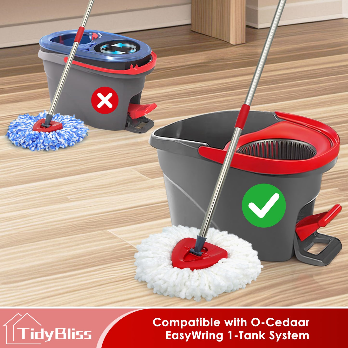 TidyBliss Spin Mop Replacement Heads 2 Pack with Triangle Base and 58 inches Long Handle for O-Cedaar EasyWring 1 Tank System