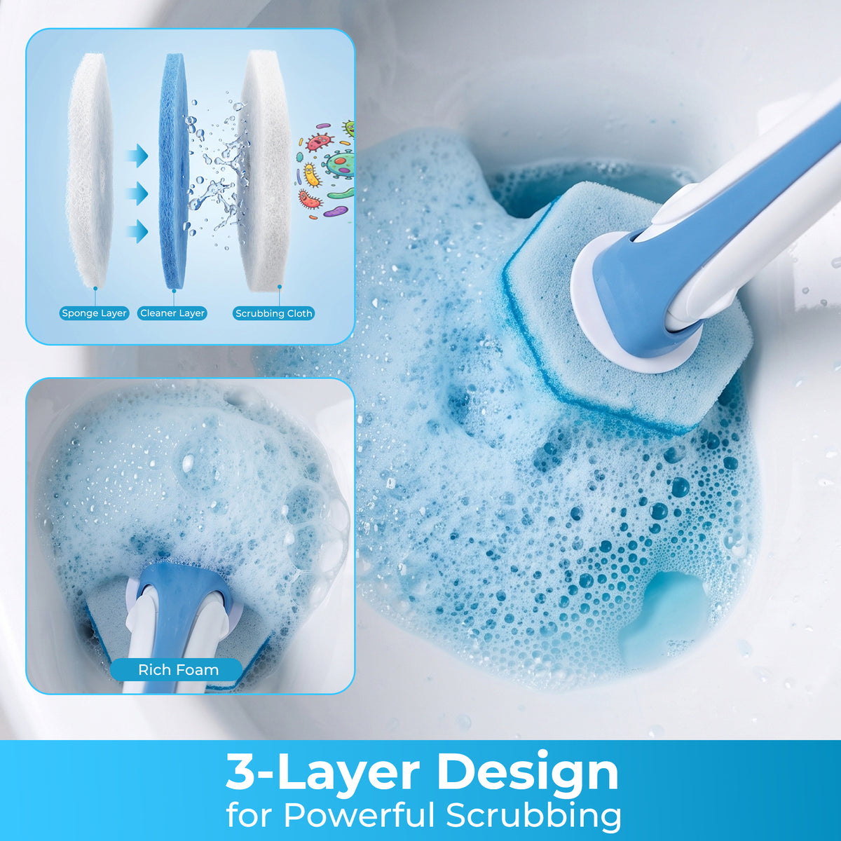 NEWE Disposable Toilet Brush with 56 PCS Cleaner Refills, Toilet Bowl Wand Holder Set (Blue)