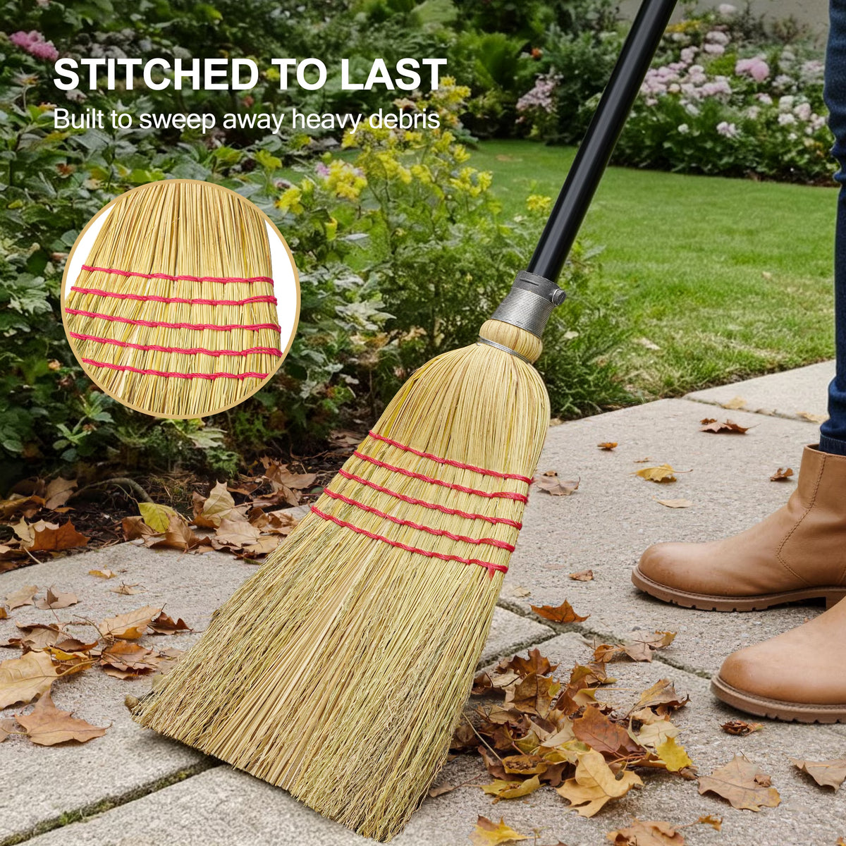 ZenClean Natural Corn Broom Heavy Duty for Yard, Garden & Garage Cleaning