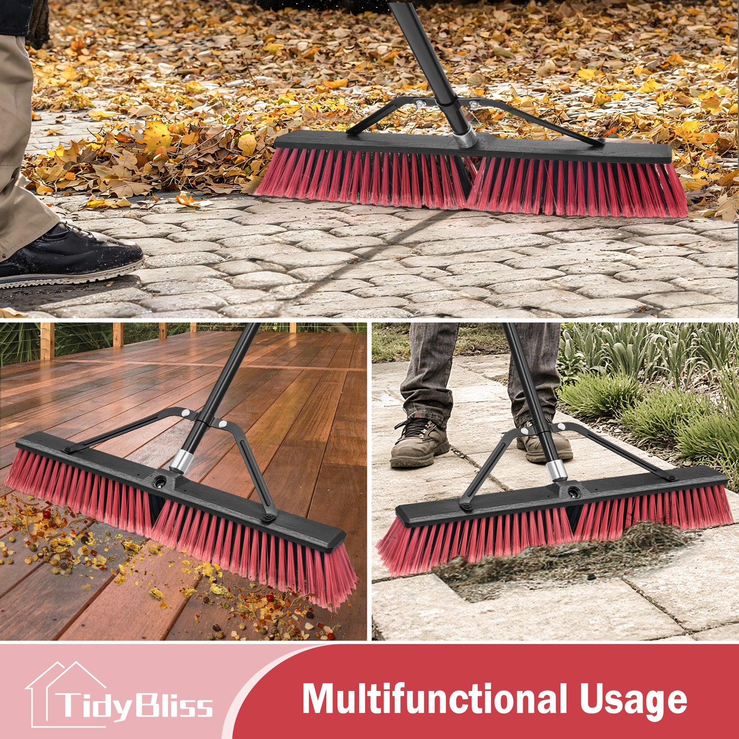 TidyBliss 24" Push Broom Outdoor Heavy Duty with 63 inches Long Handle (Red)