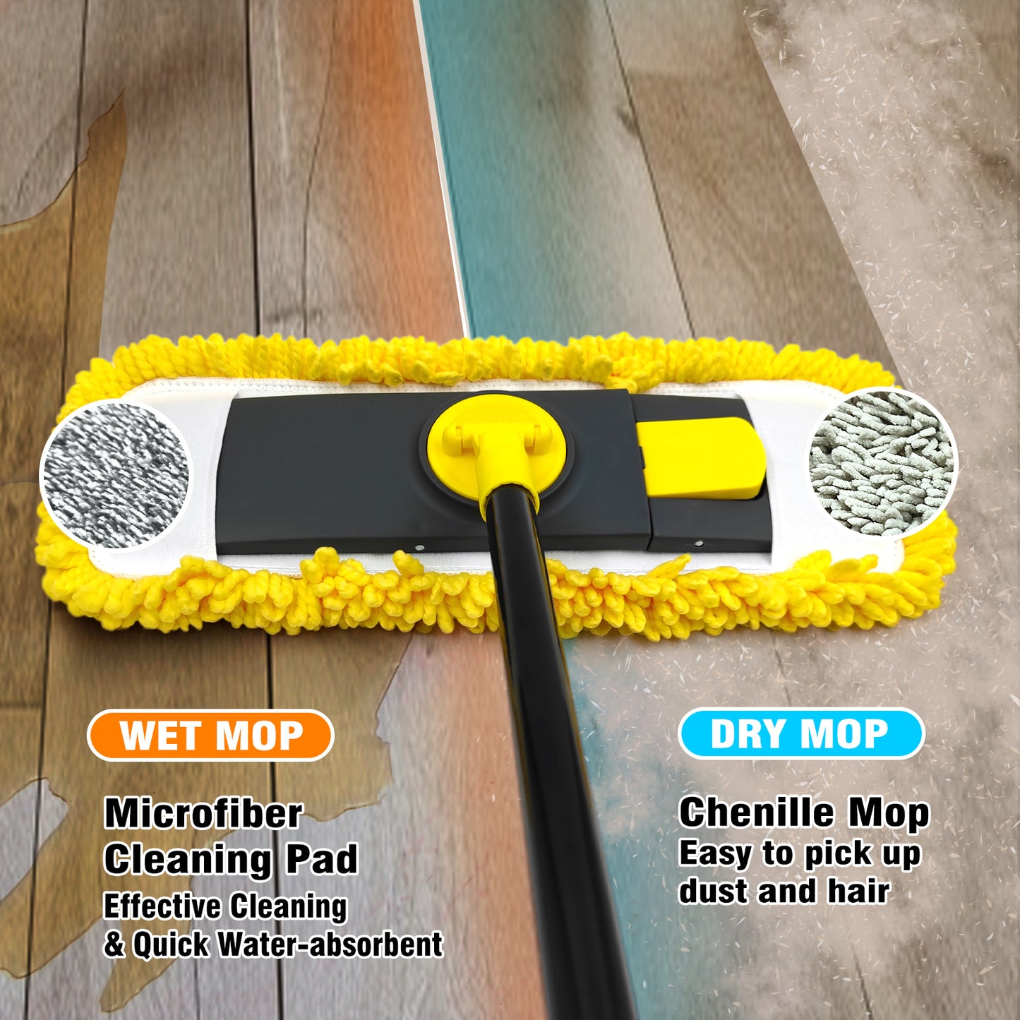 JEHONN Flat Mop for Floor Cleaning, Dry Wet Dust Mops with Microfiber & Chenille Pads for Hard Wood Laminate Tile Vinyl Kitchen Bathroom Home (Yellow)