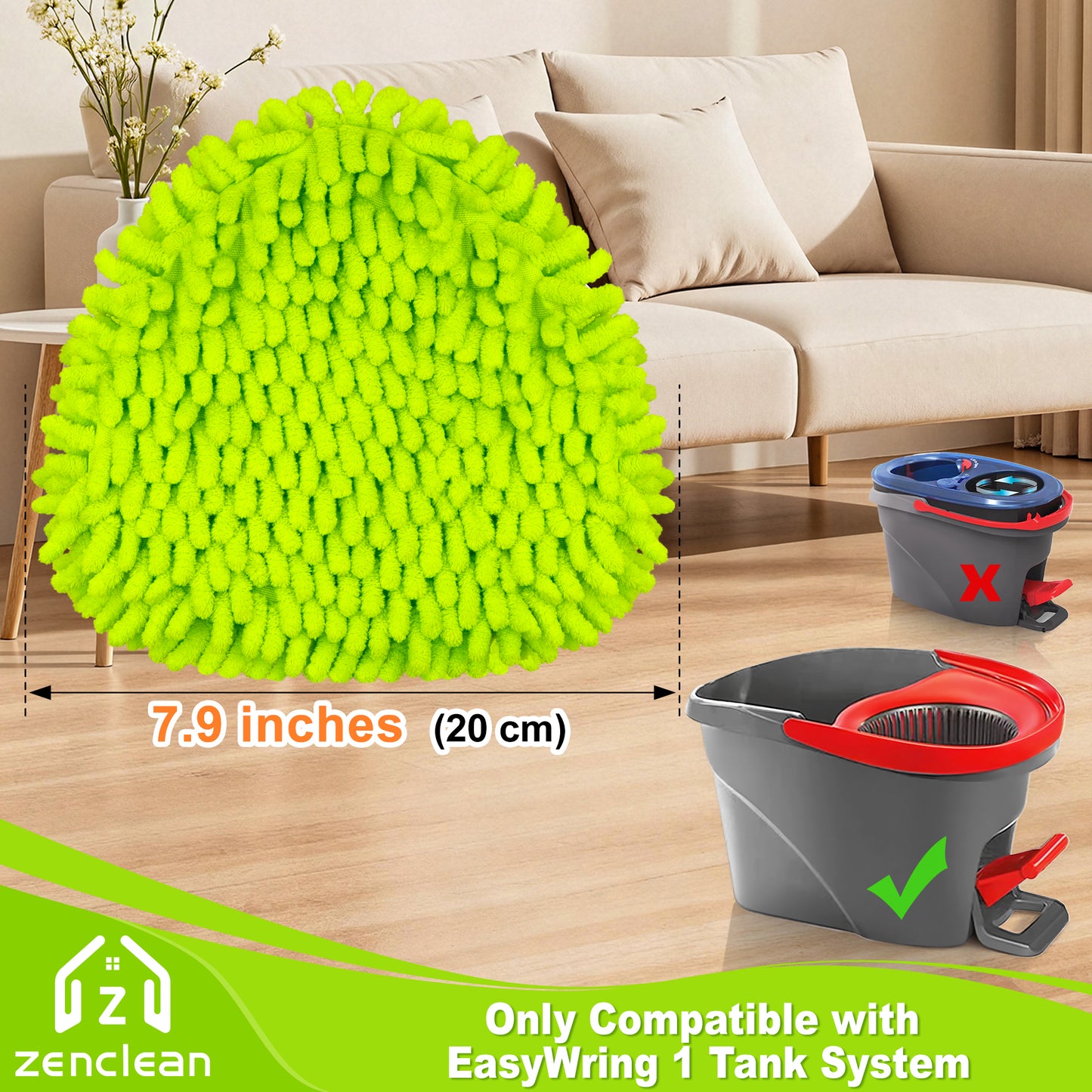 ZenClean Microfiber Mop Head Replacement 3 PCS Fit for EasyWring 1 Tank System (Green)