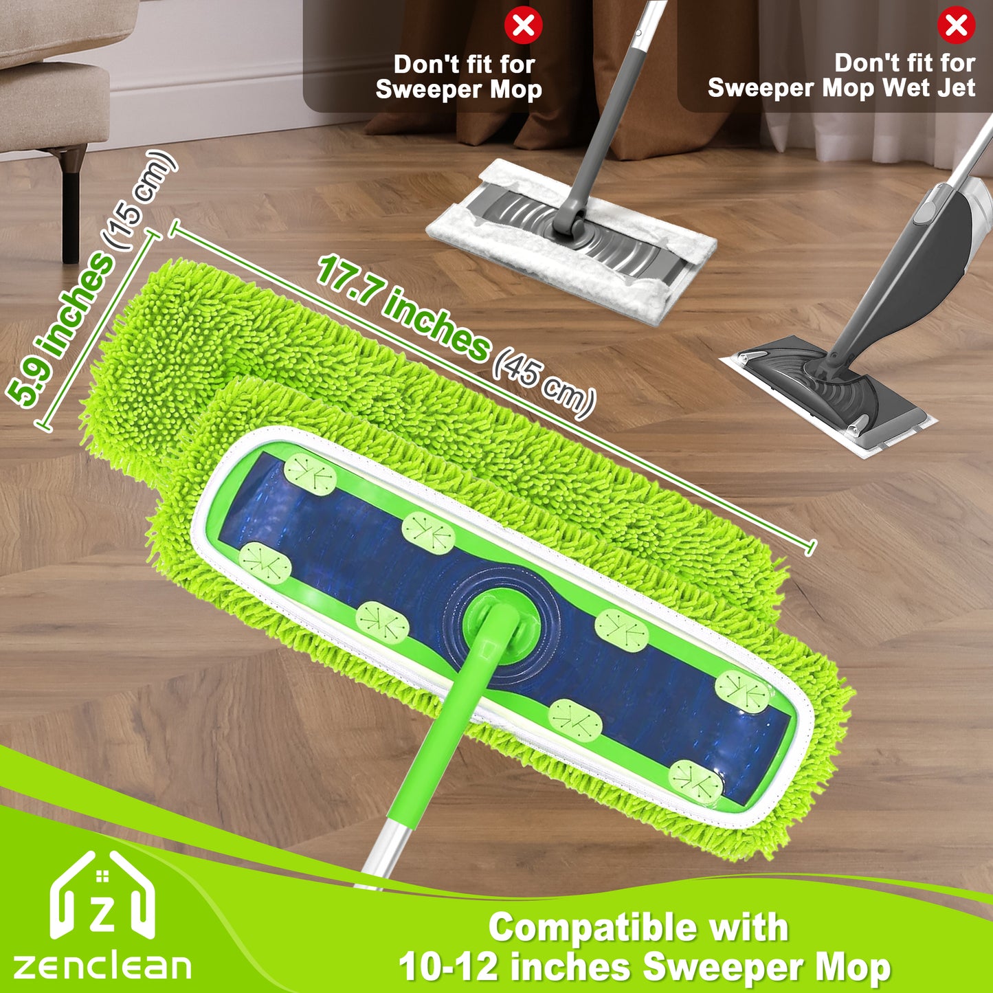 ZenClean Reusable Microfiber Mop Pads 4 Pack Compatible with SwifferSweeper XL Mop for Wet & Dry Floor Cleaning (Green)