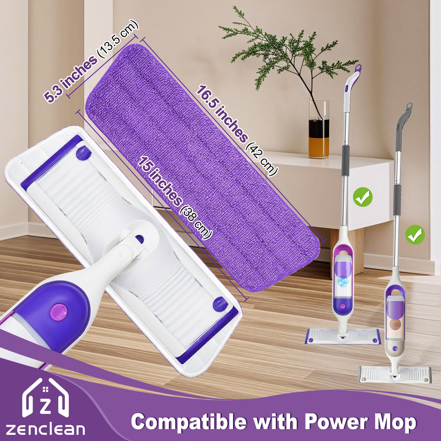 ZenClean Reusable Microfiber Mop Pads 6 Pack Compatible with SwifferPower Mop for Wet & Dry Floor Cleaning