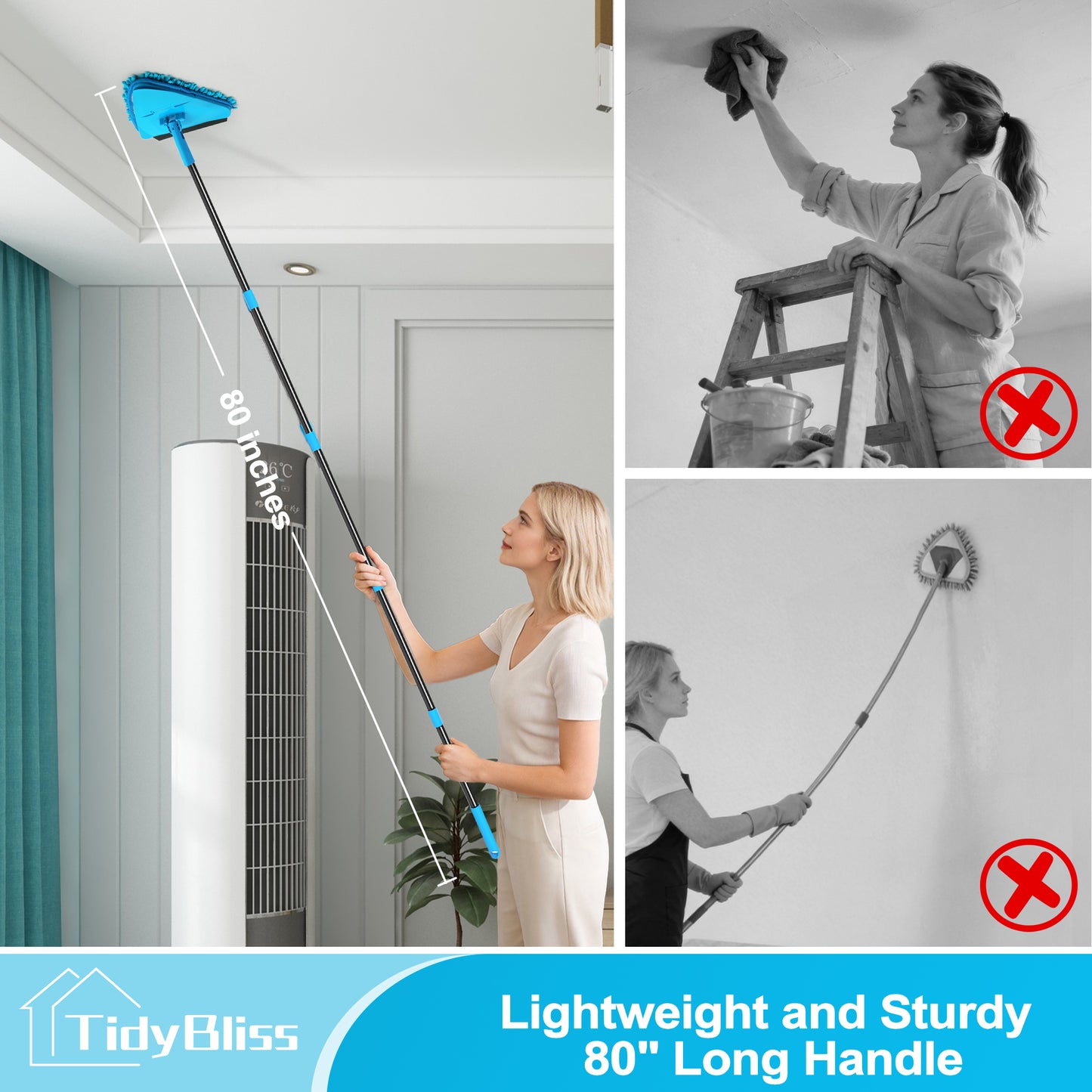 TidyBliss Wall Mop Cleaner with Long Handle 80” (Blue)