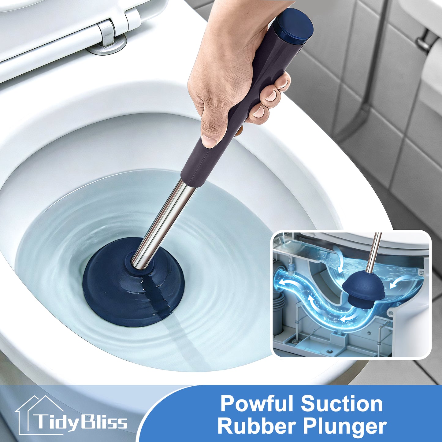 TidyBliss Toilet Brush and Plunger Set with Hidden Tweezers (Blue)