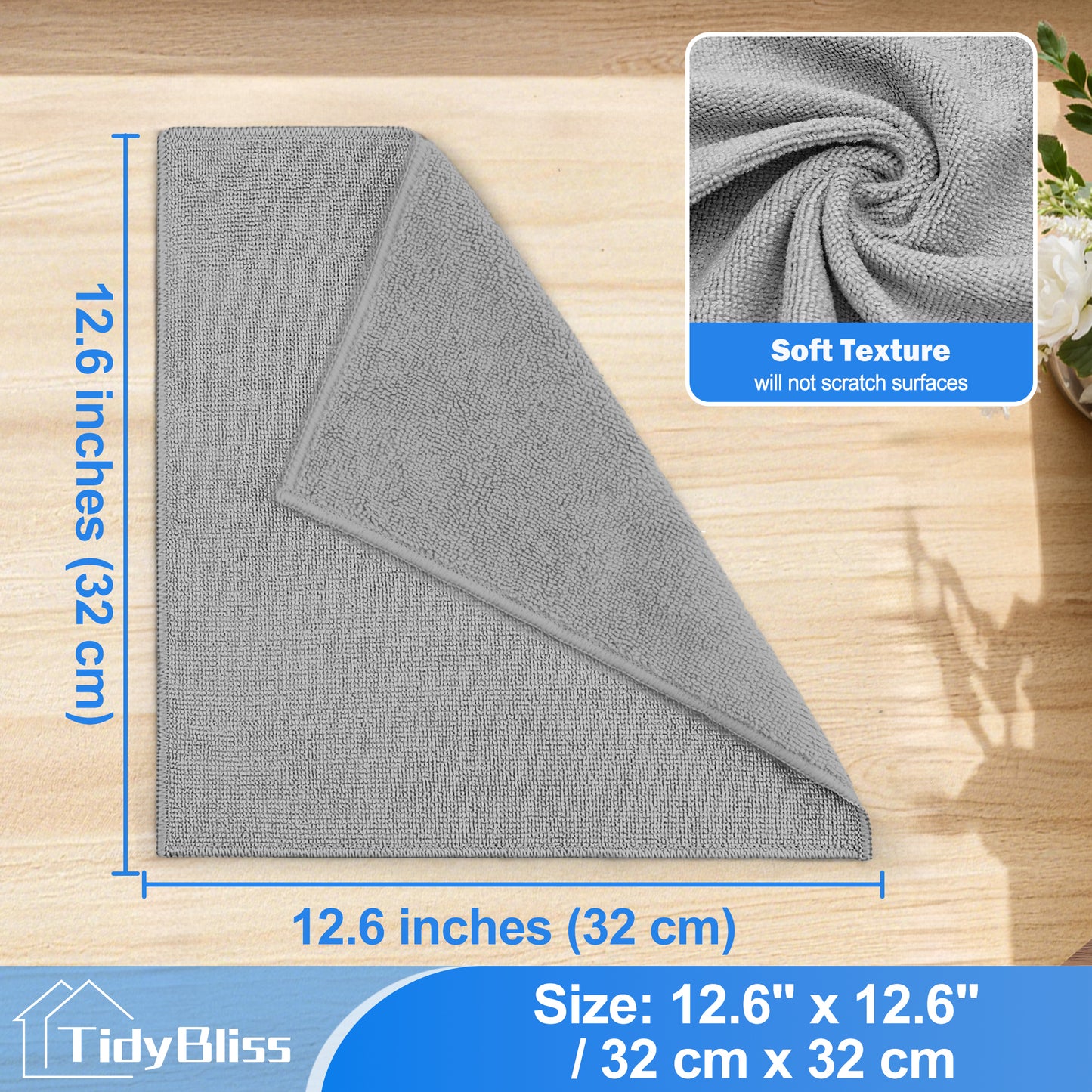 TidyBliss Microfiber Cleaning Cloths 12 Pack, Ultra Absorbent Lint-Free Towels (Grey)