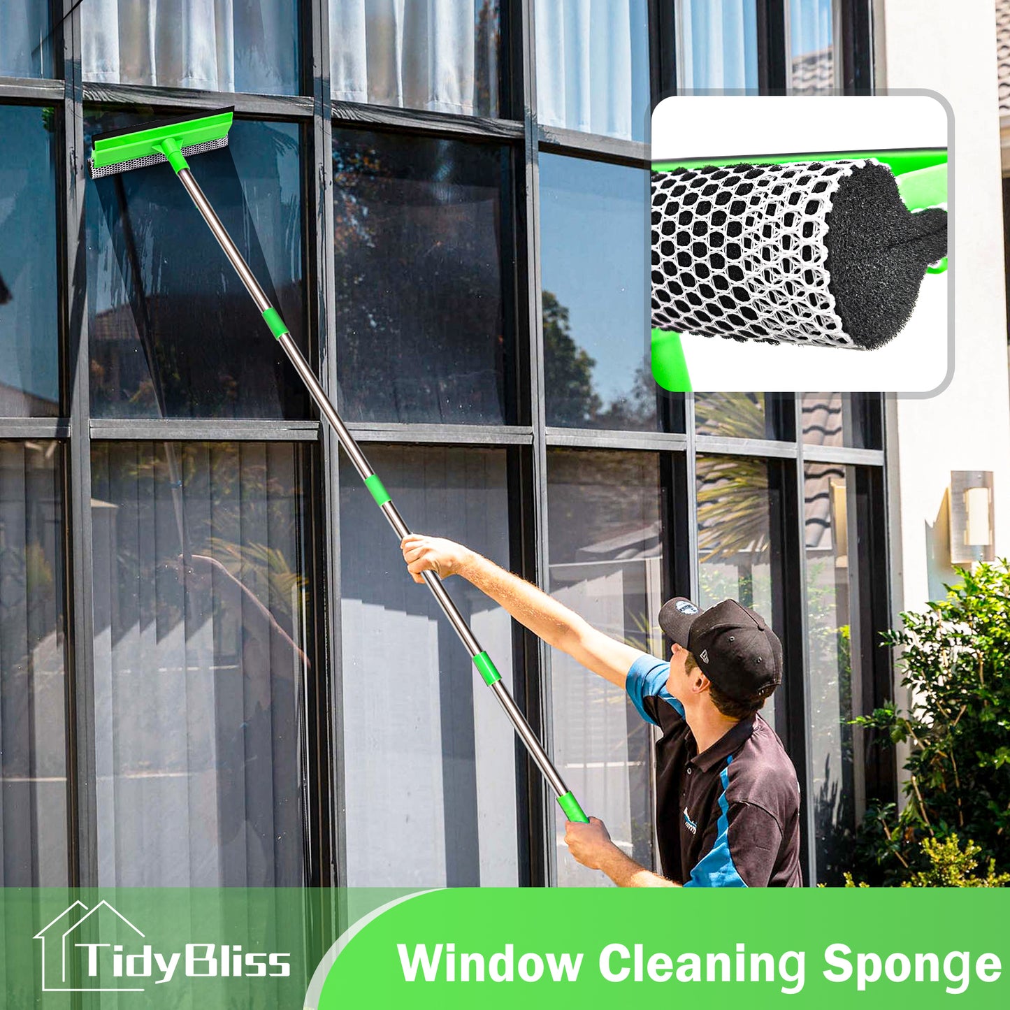 TidyBliss Window Squeegee for Home with Extension Pole 56" (Green)