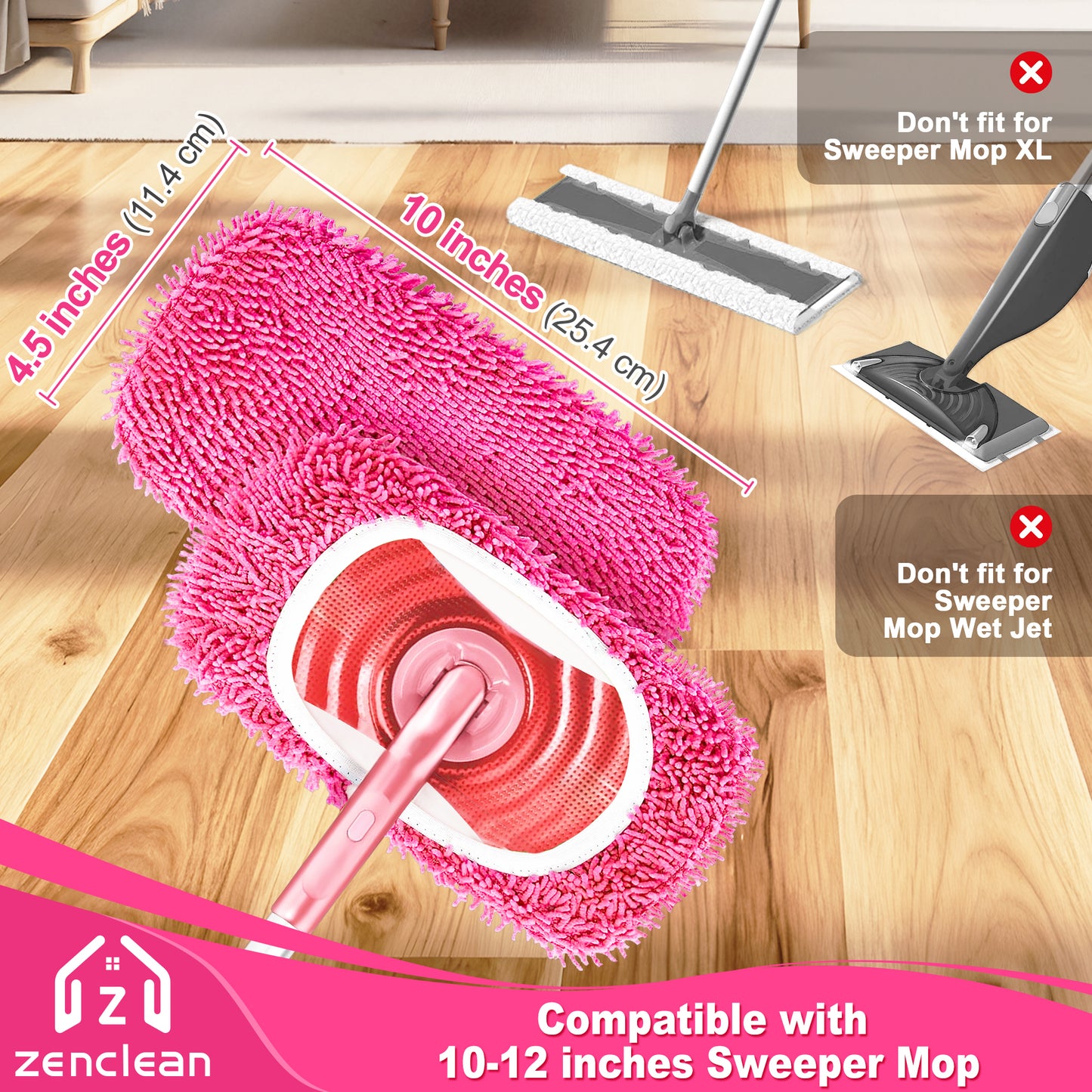 ZenClean Reusable Microfiber Mop Pads 6 Pack Compatible with SwifferSweeper Mop for Wet & Dry Floor Cleaning (Pink)