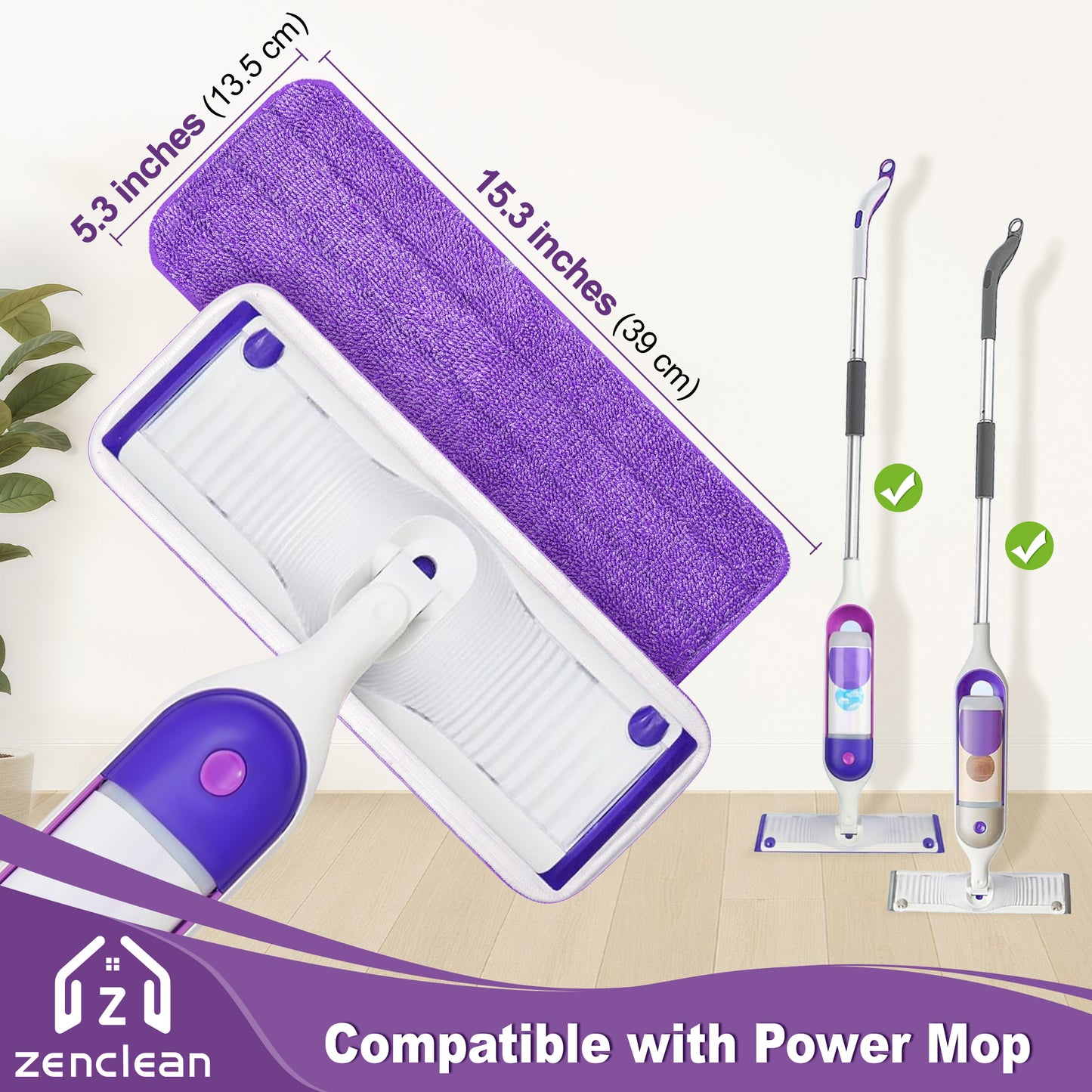 ZenClean Reusable Microfiber Mop Pads 4 Pack Compatible with Power Mop for Wet & Dry Floor Cleaning