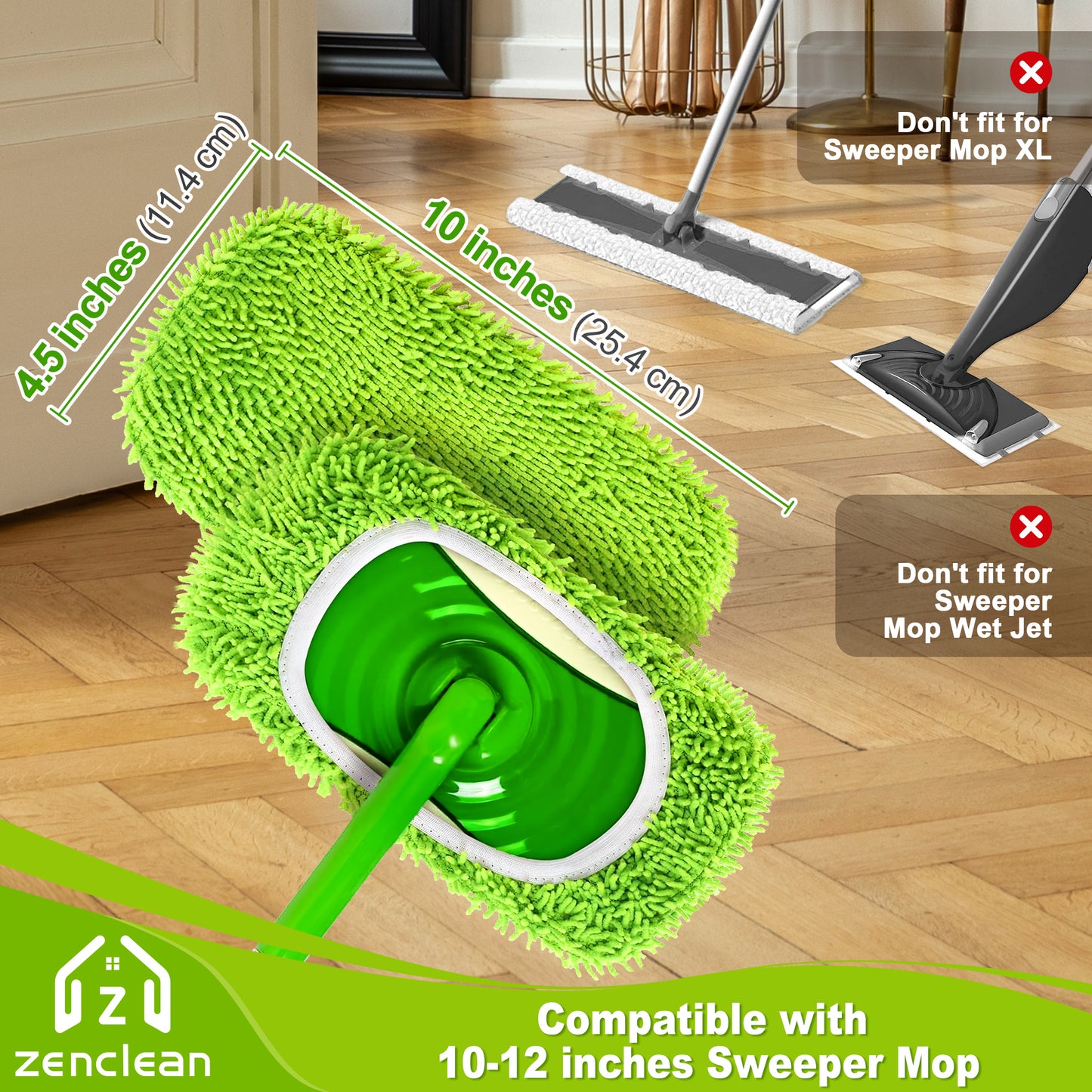 ZenClean Reusable Microfiber Mop Pads 4 Pack Compatible with SwifferSweeper Mop for Wet & Dry Floor Cleaning (Green)