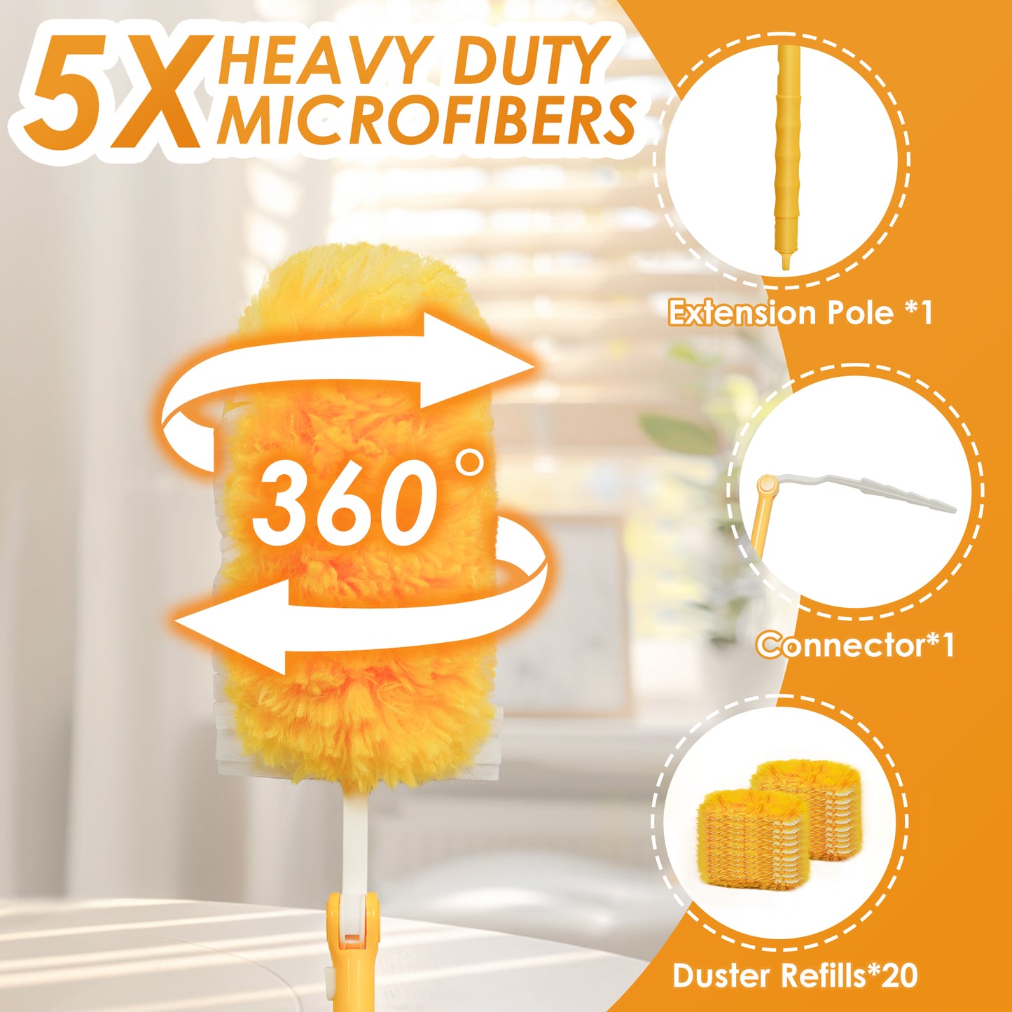 NEWE Duster Refills 20 PCS with Extendable Handle Compatible with Swiffer, 360 Degree Heavy Duty Dusting Kit with 5X Microfibers, Multi-Surface Dust Removing Tool for Cleaning Blinds Furniture