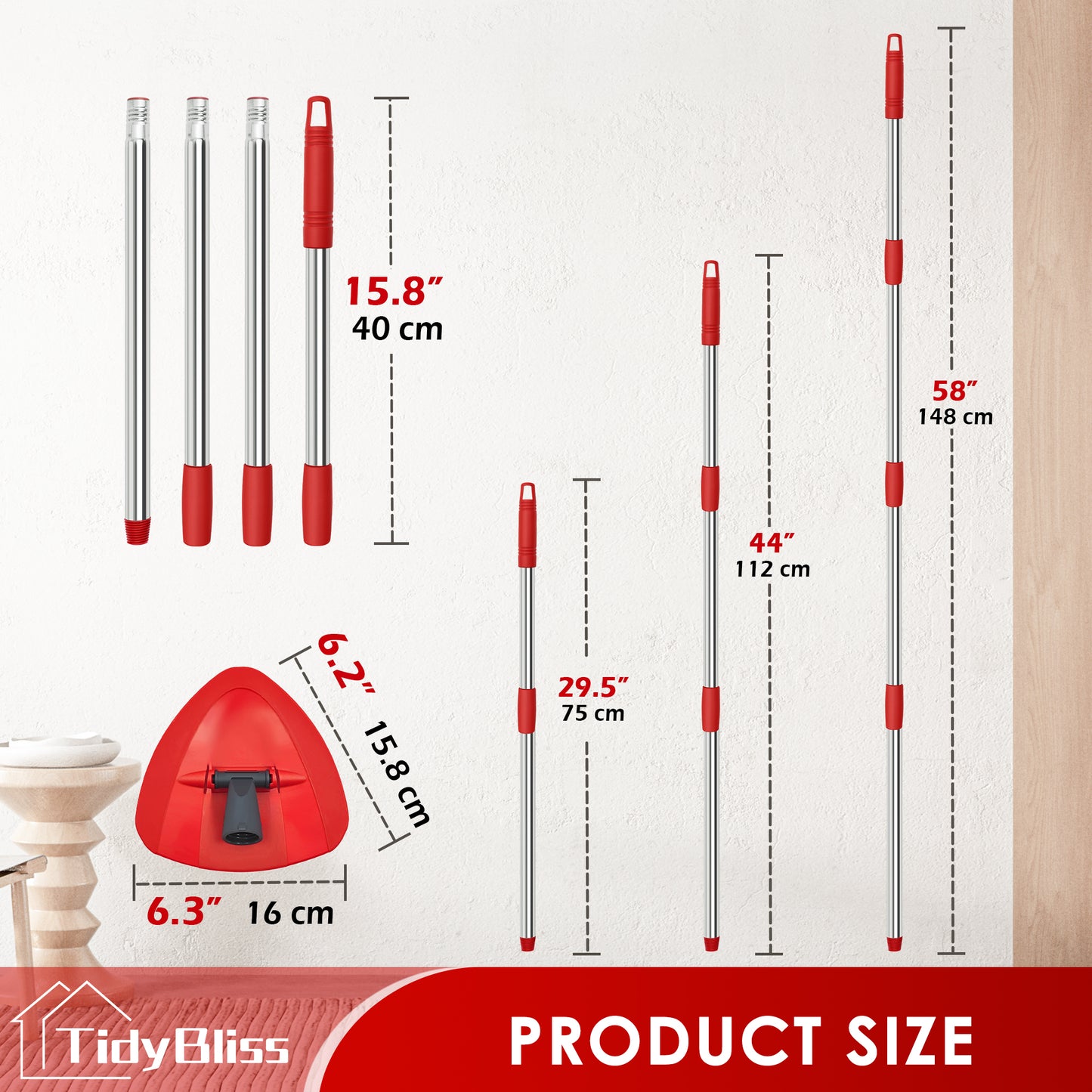 TidyBliss Mop Handle Replacement with Triangle Base for EasyWring Spin Mop Bucket System