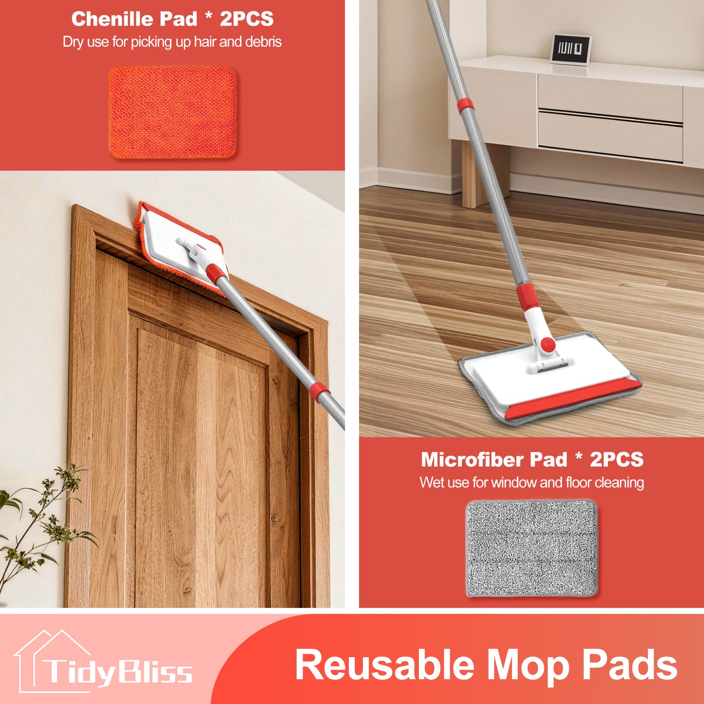 TidyBliss Baseboard Cleaner Tool, Wall Mop with 55.9" Long Handle (Red)