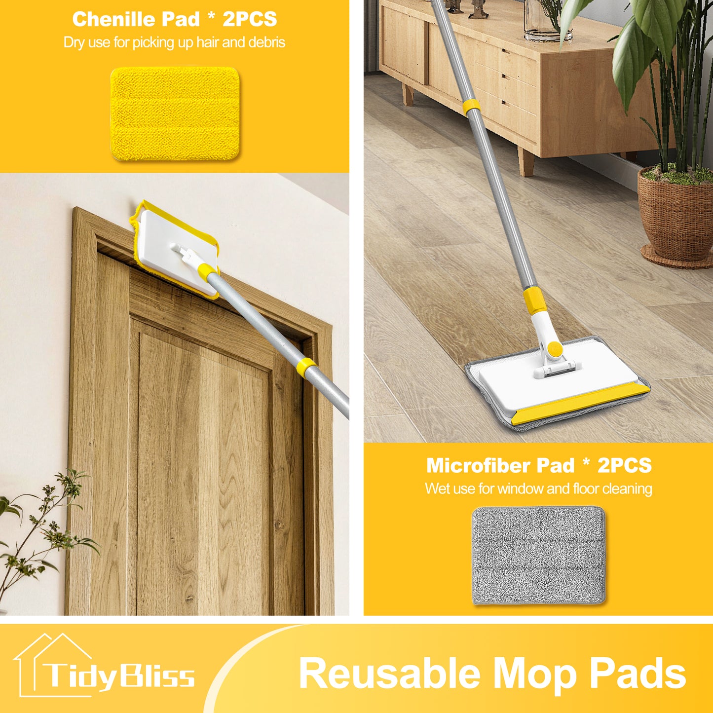 TidyBliss Baseboard Cleaner Tool, Wall Mop with 55.9" Long Handle (Yellow)