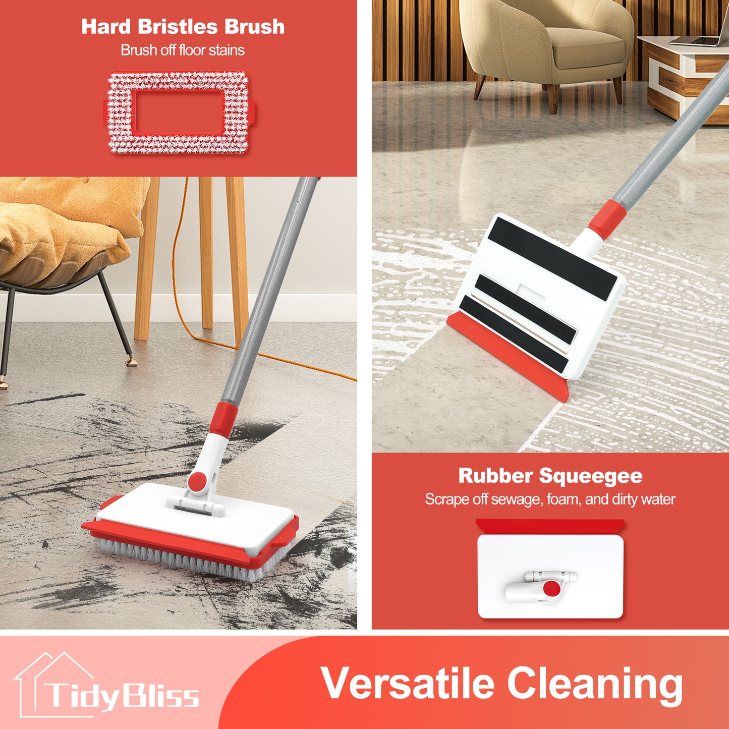TidyBliss Baseboard Cleaner Tool, Wall Mop with 55.9" Long Handle (Red)