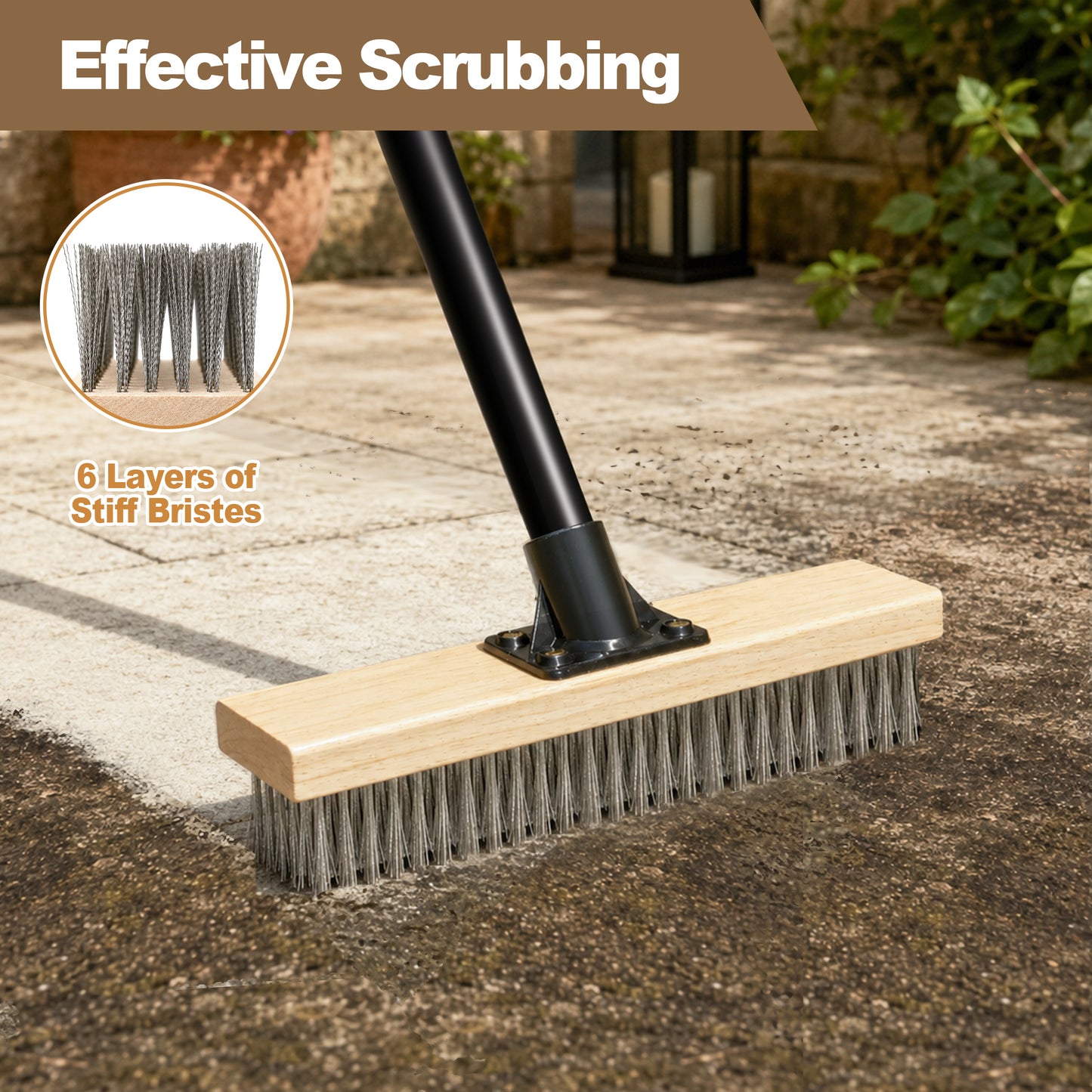 JEHONN Stainless Steel Wire Scrub Brush with 58" Long Handle for Concrete