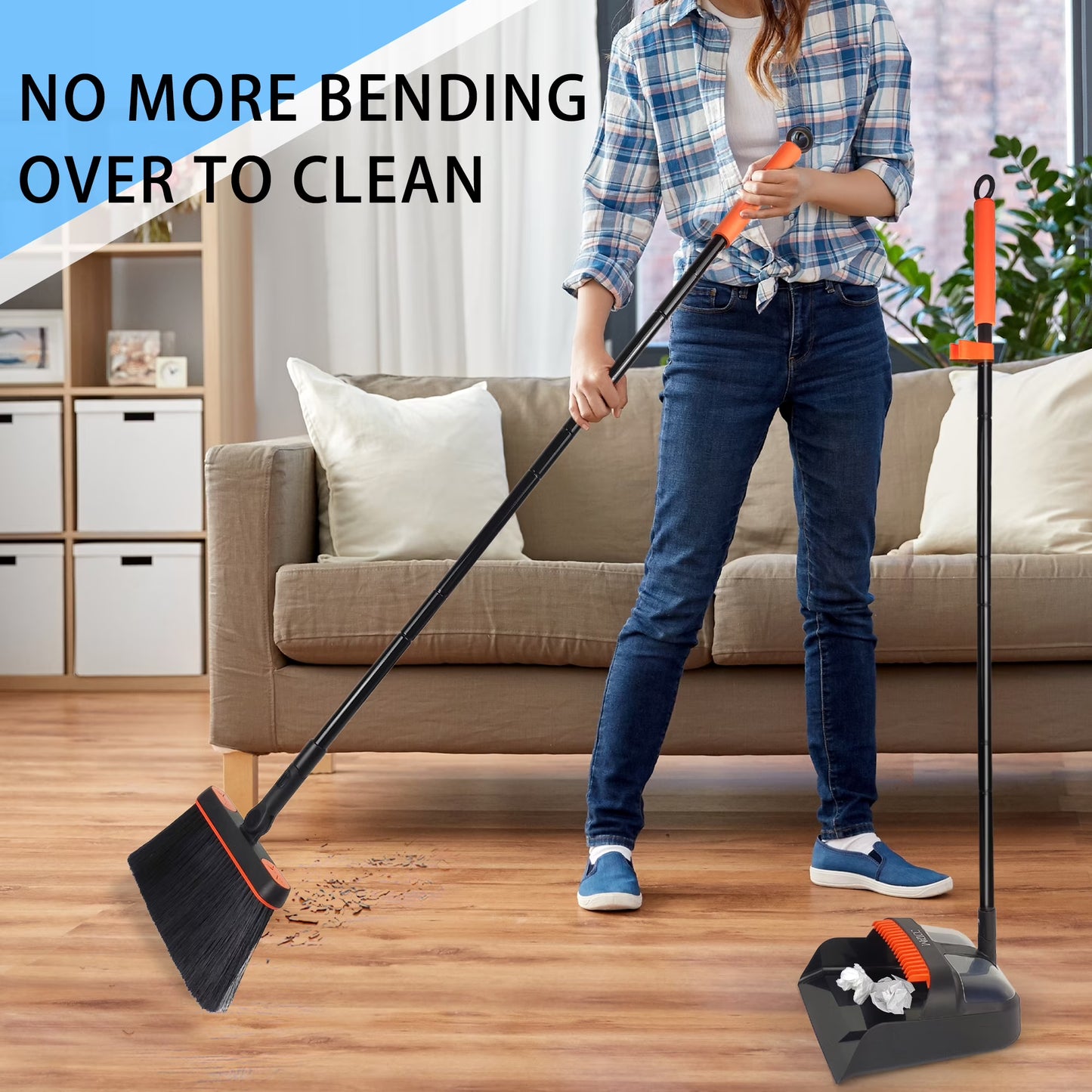 JEHONN 54 inches Long Handle Broom and Dustpan Set for Home (Black Orange)