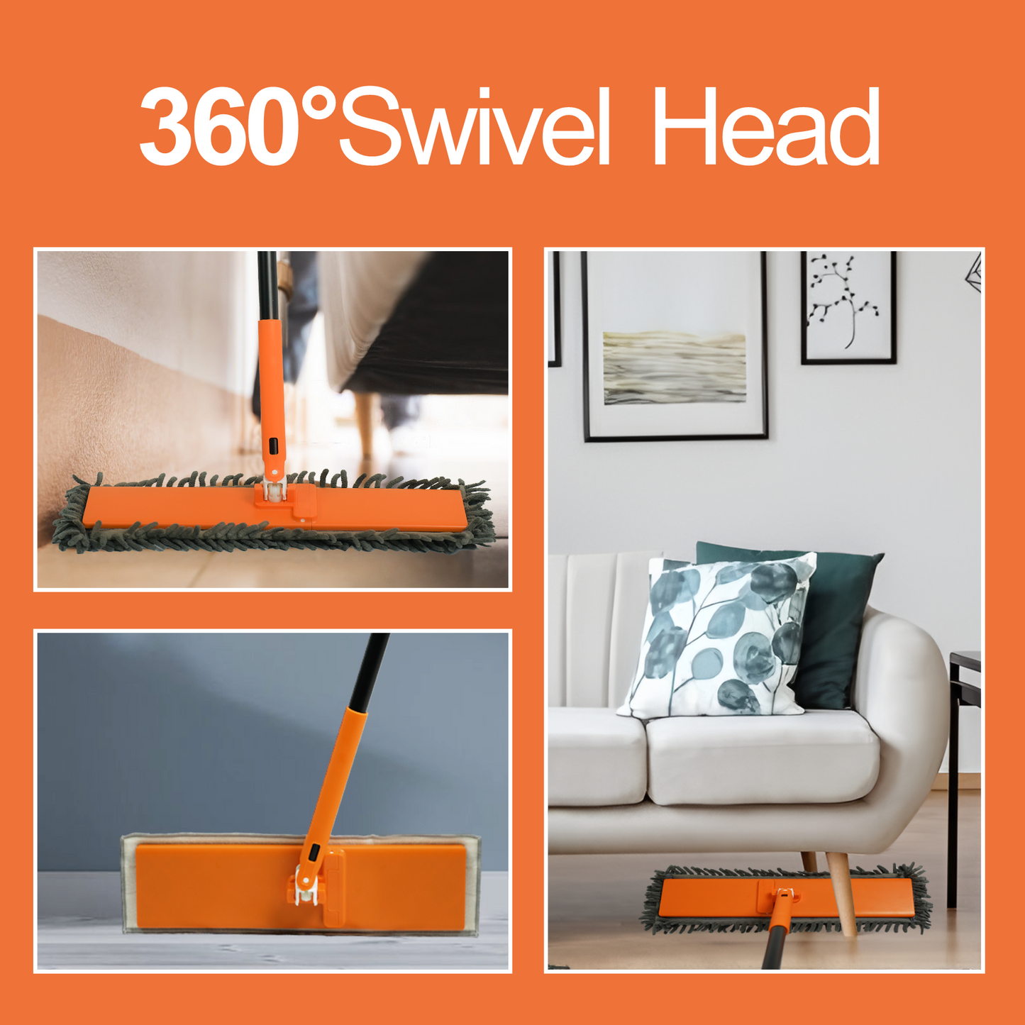 JEHONN Dust Mop for Hardwood Floors, Broom duster with Unique 90° Foldable Panel, 2 Chenille and 2 Microfiber Pads, Dry Wet Flat Dustmop for Cleaning Vinyl, Laminate, Tile, Marble (Orange)