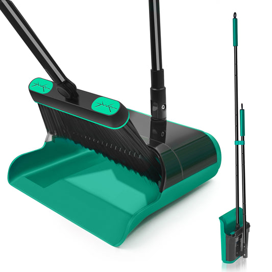 JEHONN Dustpan and Broom Set with 53.5 inches Long Handle Transparent Cover Green