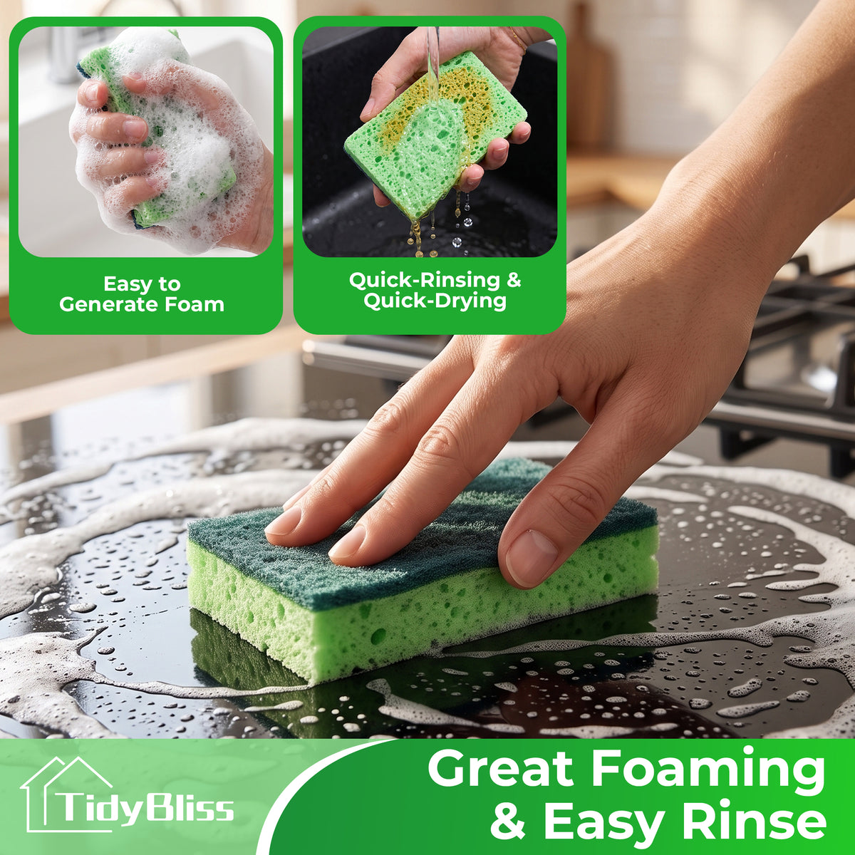 TidyBliss 12 Pack Heavy Duty Kitchen Dish Sponges for Scrubbing, No Scratch