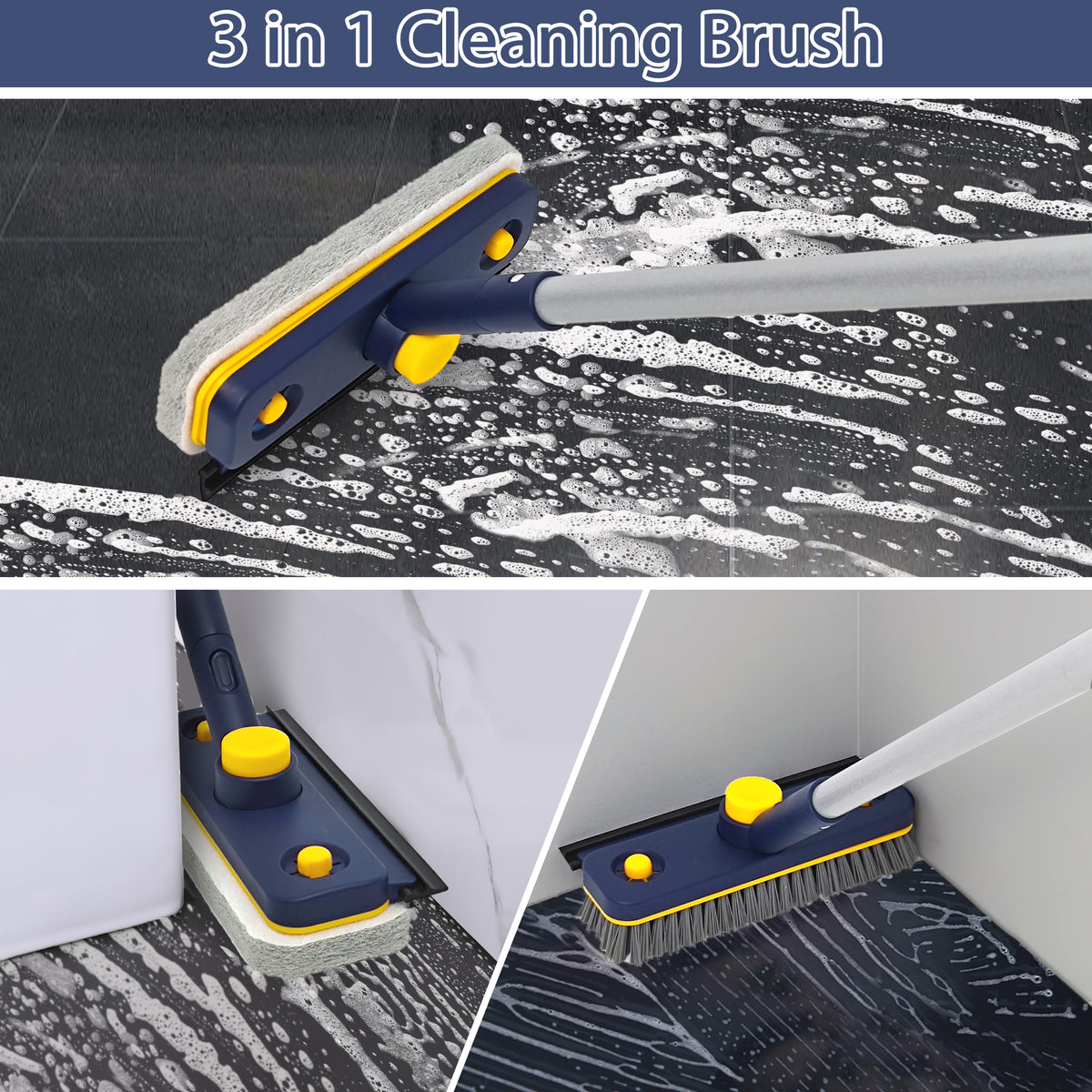 JEHONN 3-in-1 Bathroom Tub Tile Scrubber Mop with 53.5 inches Long Handle Scrubbing Brush (Blue)